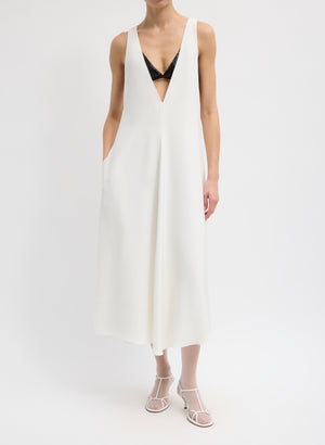 Ivory 4-Ply Silk V-Neck Dress With Bra - low cut v-neck, front view on model