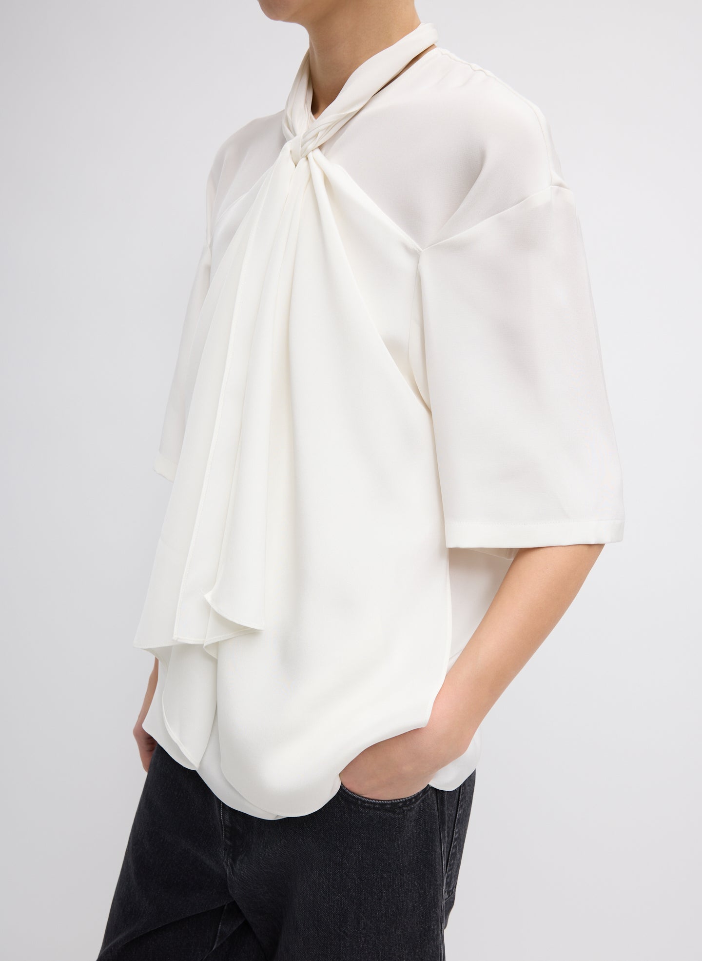 Ivory 4-Ply Silk Tie Front Top - short sleeve, side view on model