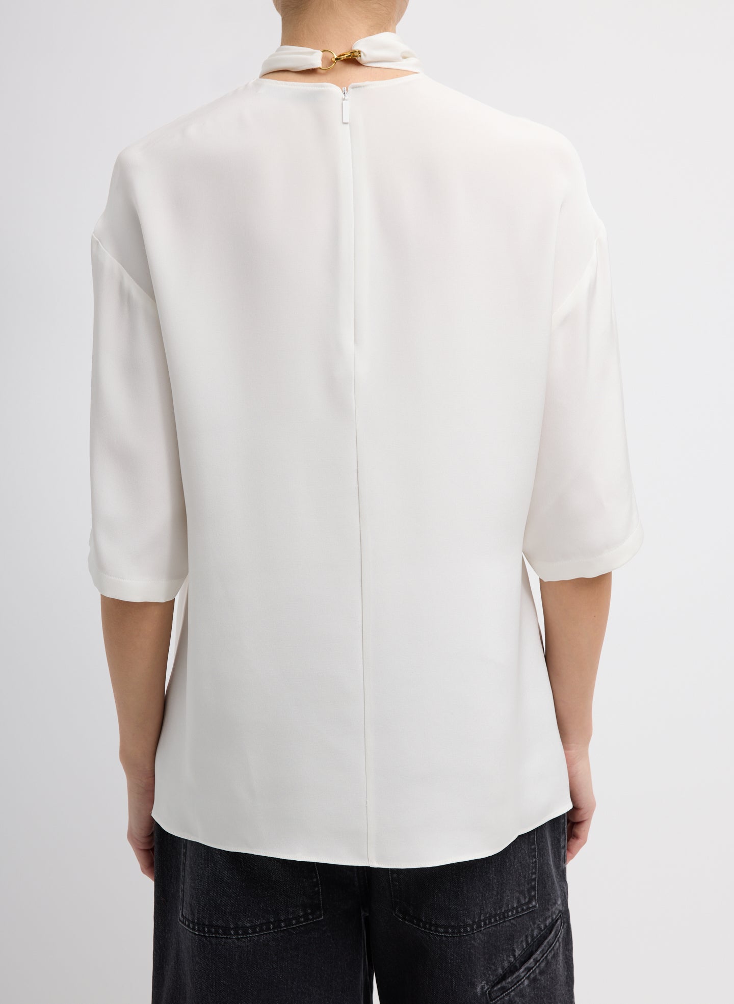 Ivory 4-Ply Silk Tie Front Top - short sleeve, back view on model
