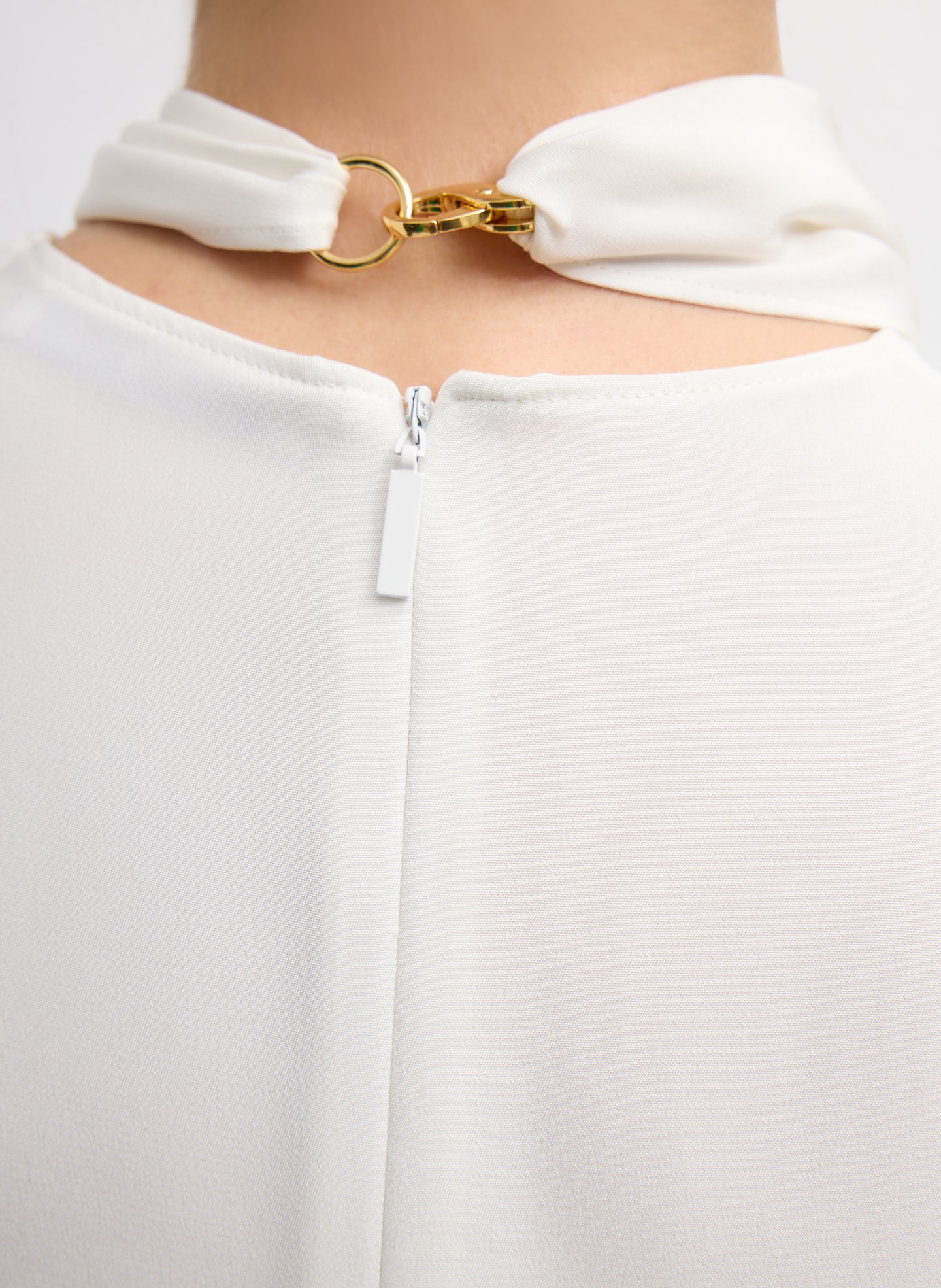 Ivory 4-Ply Silk Tie Front Top - closeup of back clasp detail