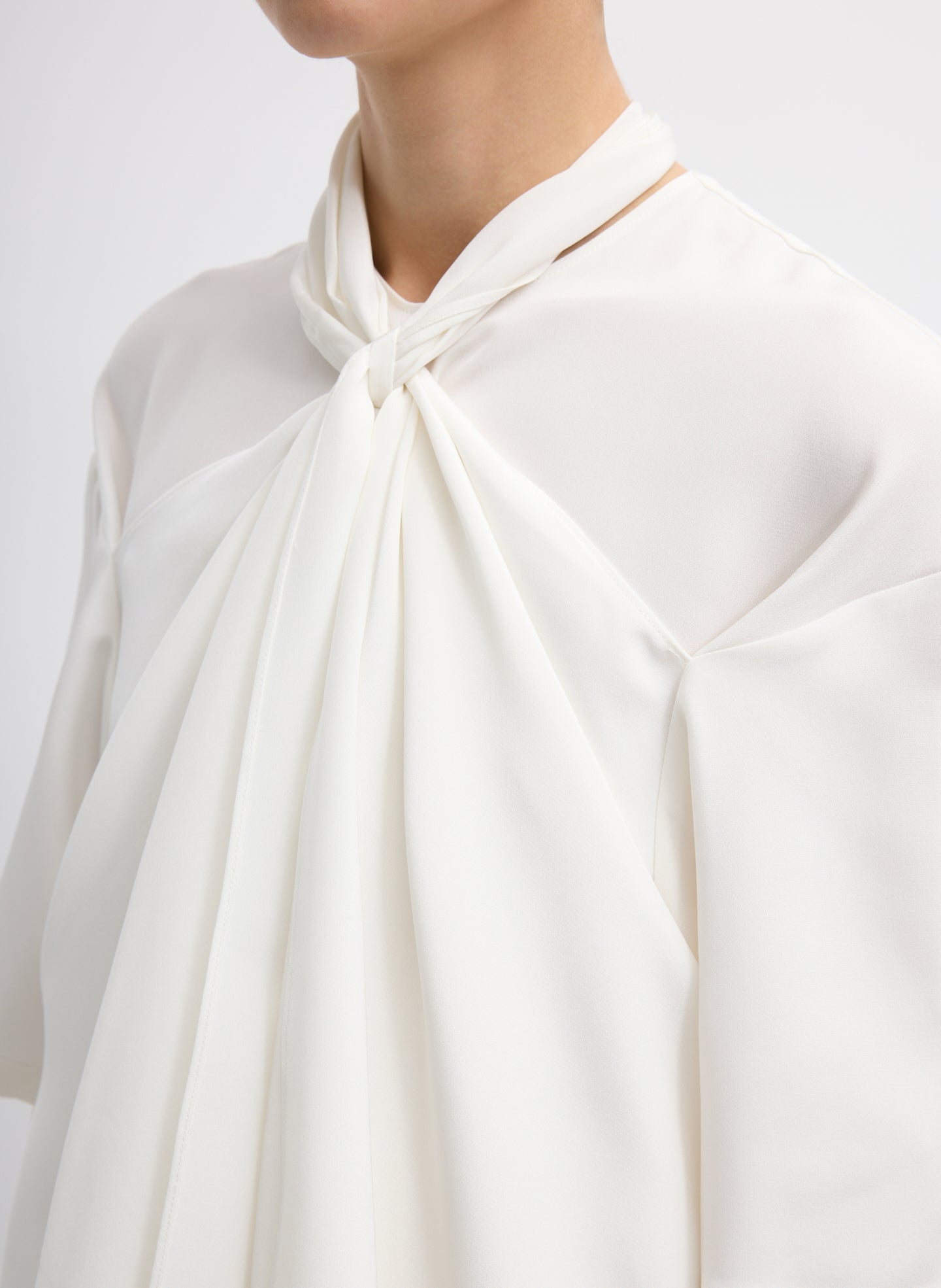 Ivory 4-Ply Silk Tie Front Top - closeup of tie front detail
