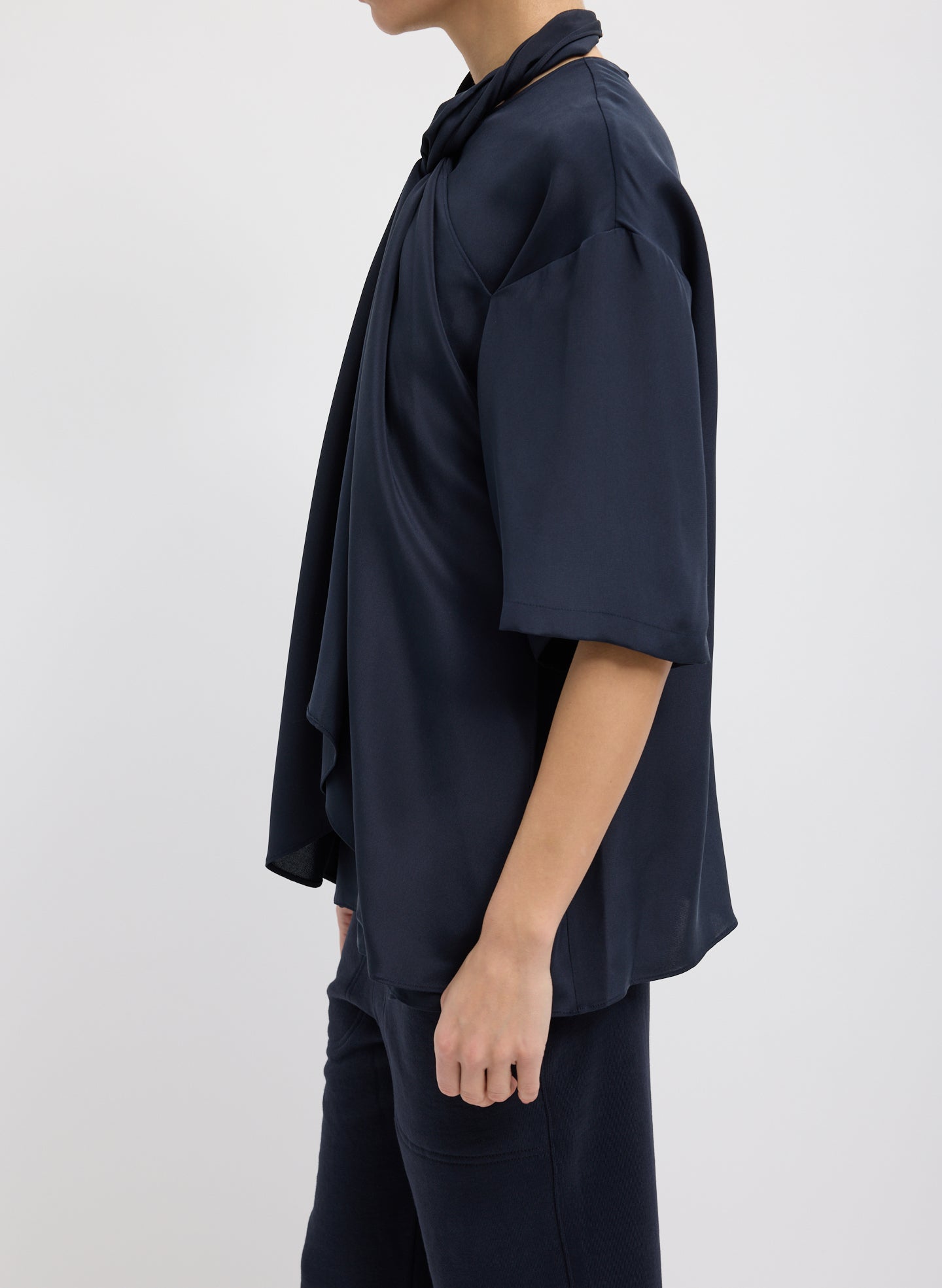 Dark Navy 4-Ply Silk Tie Front Top - short sleeve, side view on model
