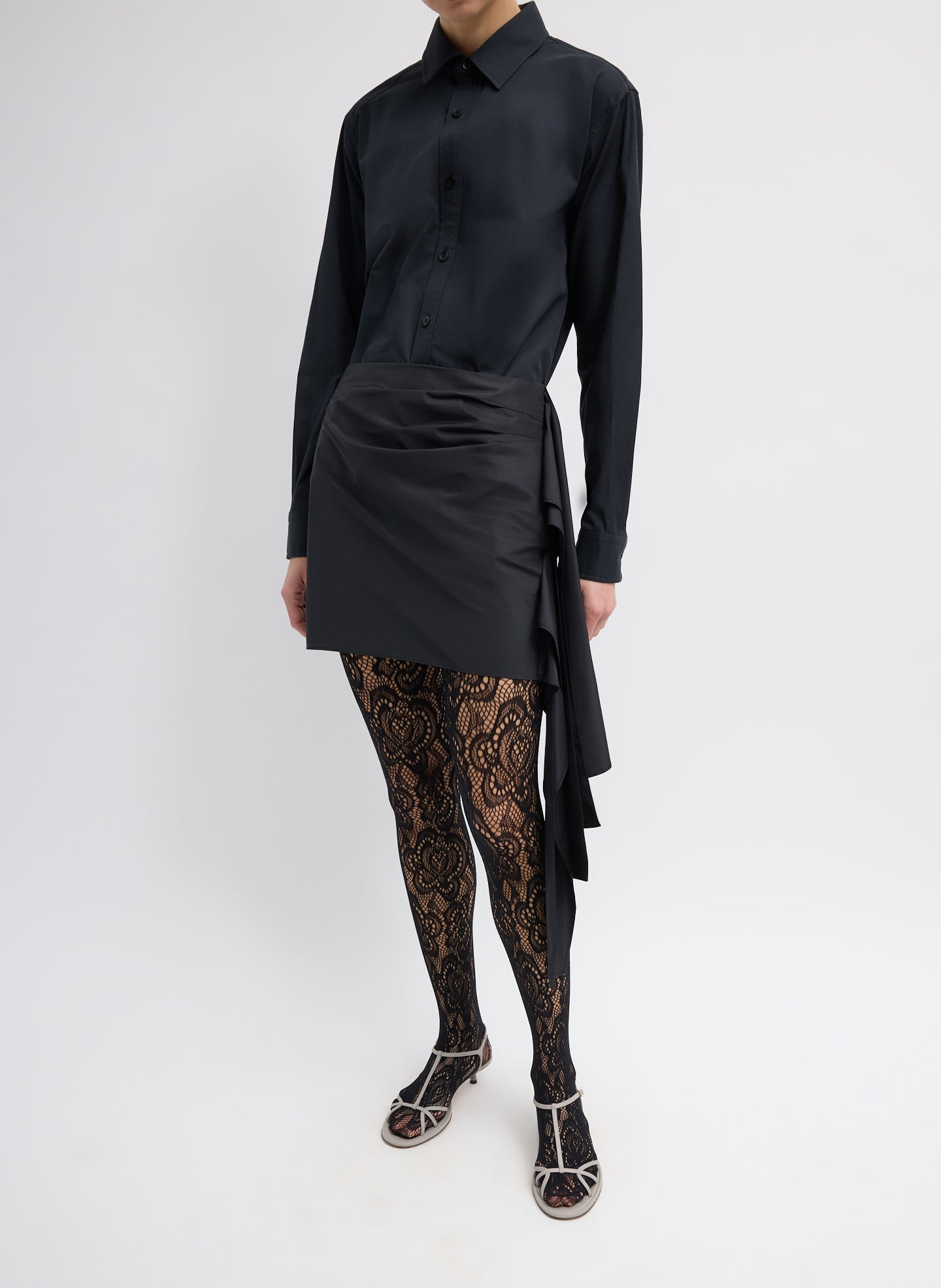 Black Italian Sporty Nylon Ribbon Mini Skirt - full look, front view on model