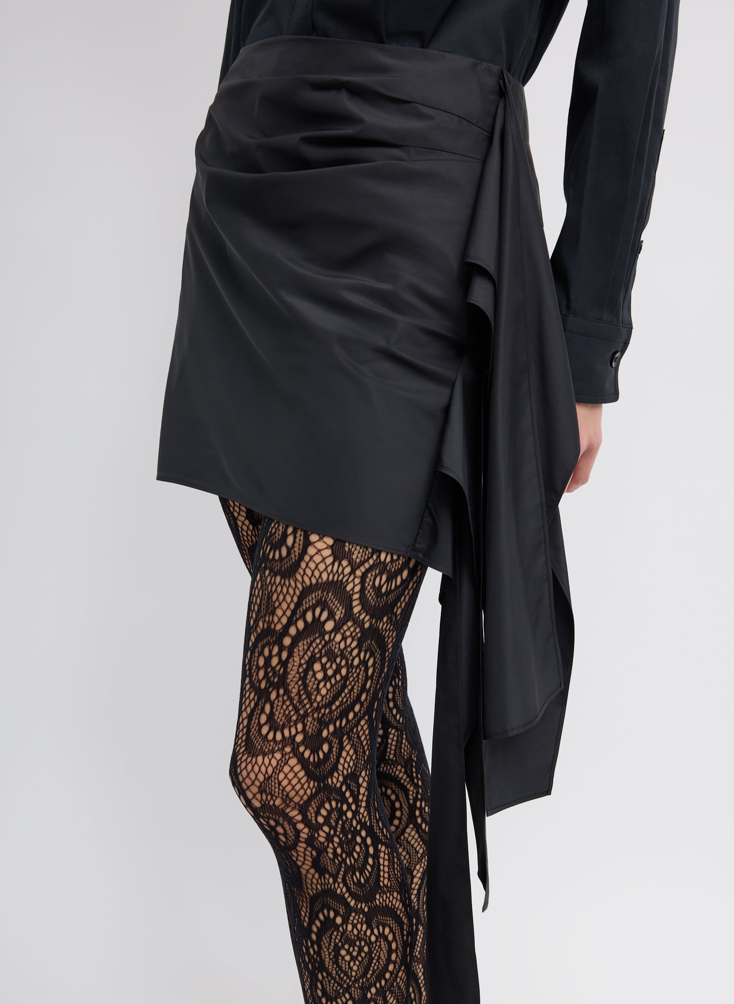 Black Italian Sporty Nylon Ribbon Mini Skirt - front view on model