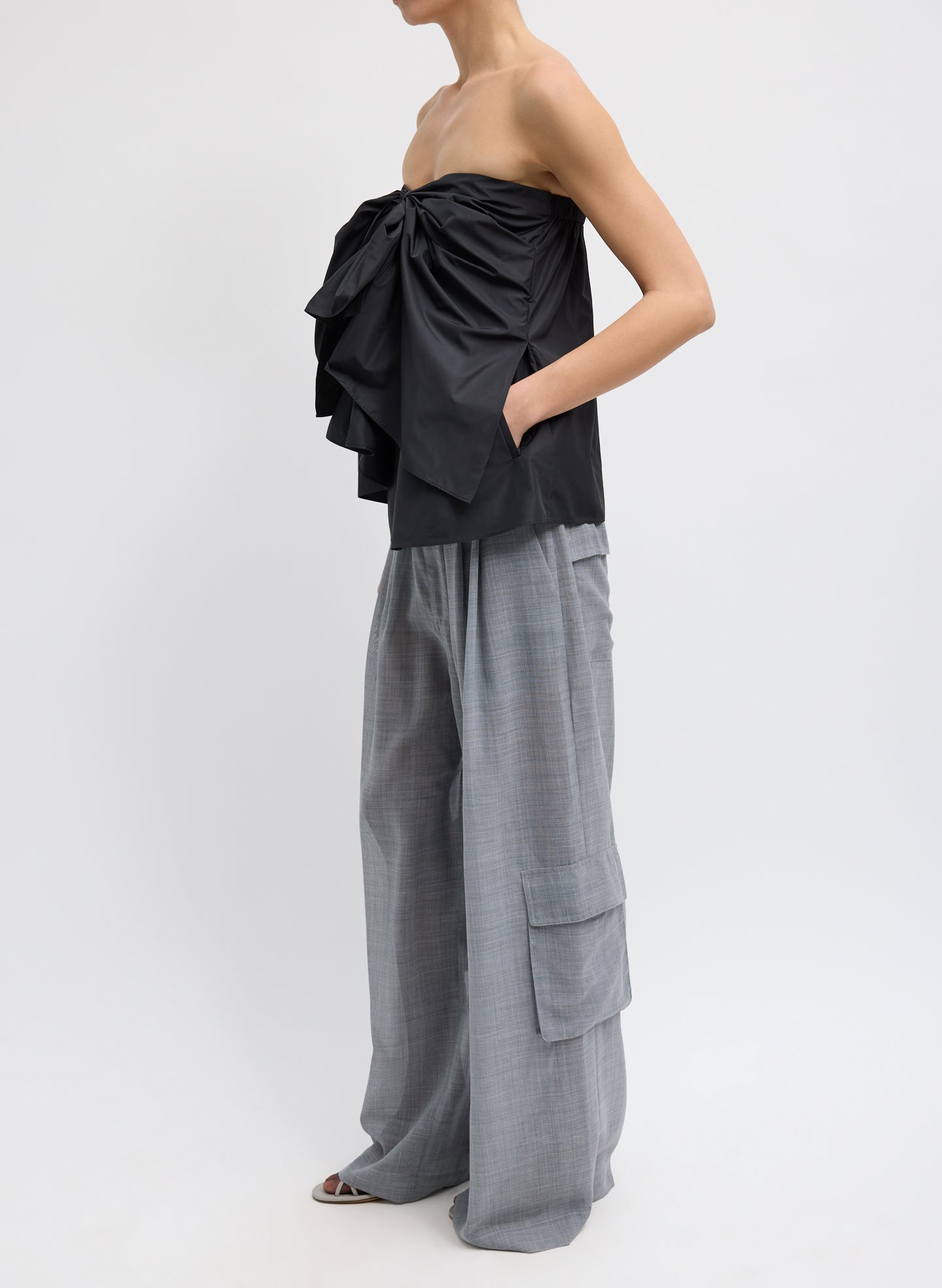 Black Italian Sporty Nylon Strapless Top - full look, side view on model