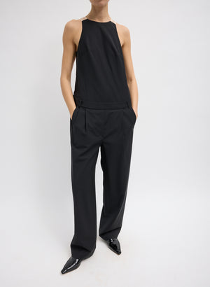 Black Recycled Tropical Wool Jumpsuit - sheer organza back, front view on model