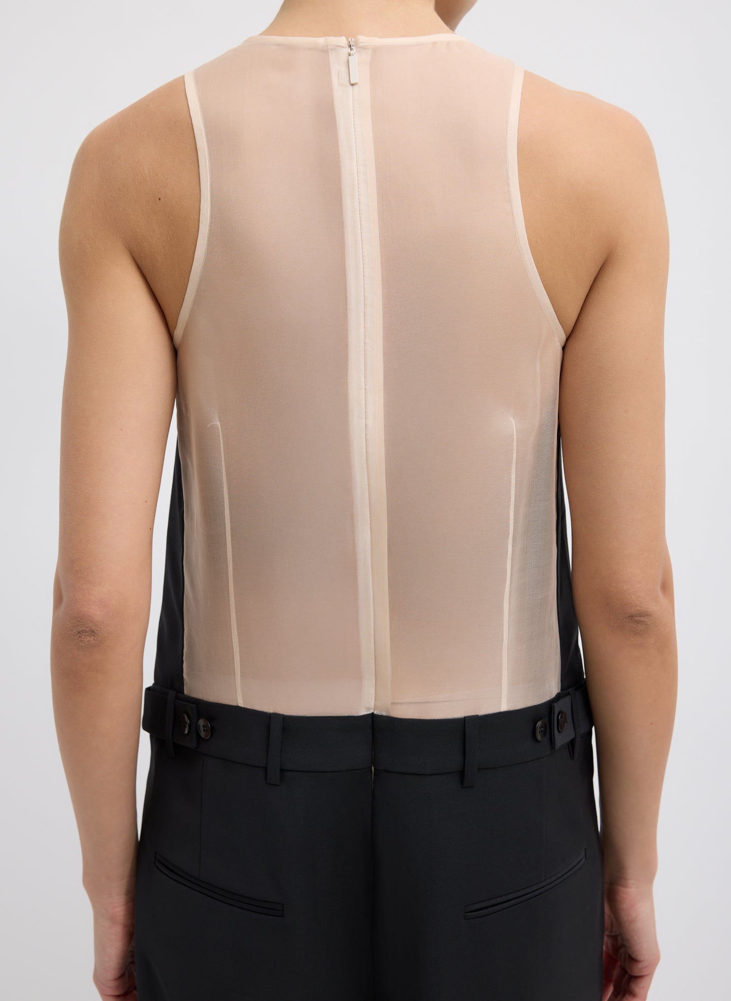 Black Recycled Tropical Wool Jumpsuit - closeup of back organza detail
