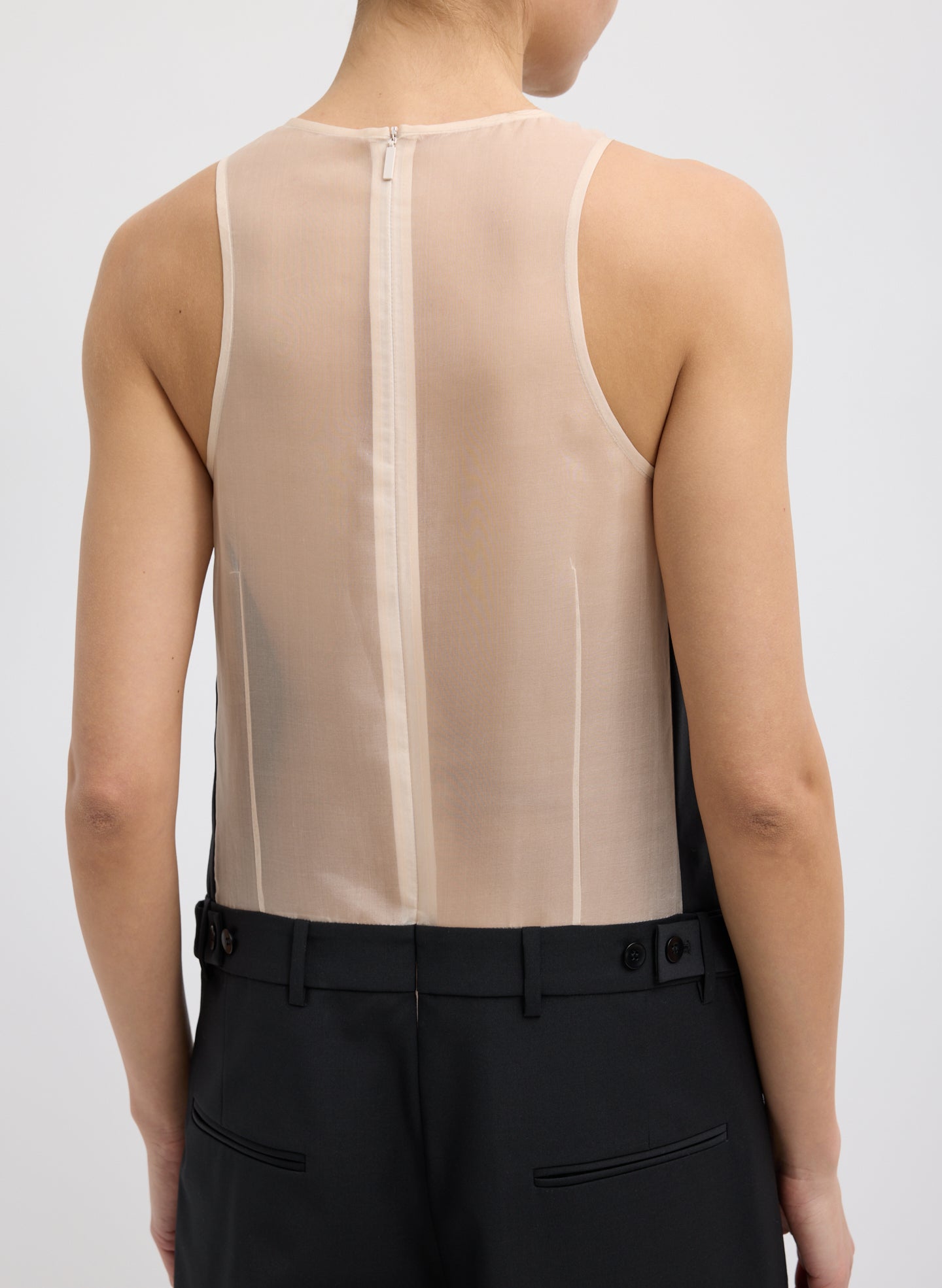 Black Recycled Tropical Wool Jumpsuit - closeup of back zip detail