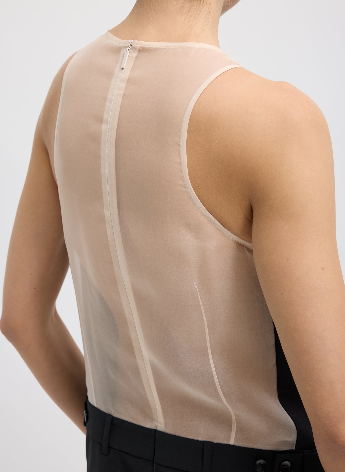 Black Recycled Tropical Wool Jumpsuit - closeup of back zip detail