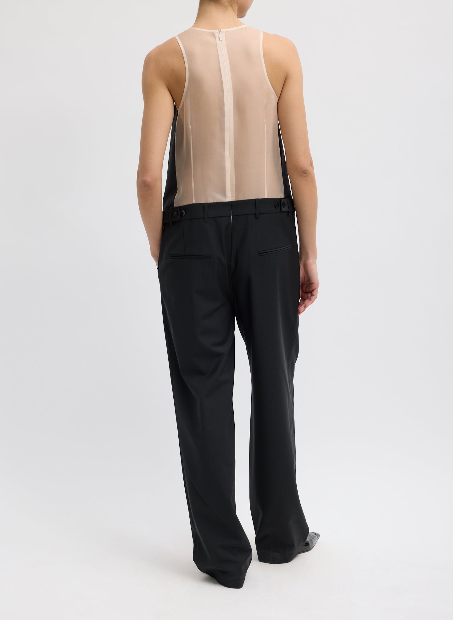 Black Recycled Tropical Wool Jumpsuit - sheer organza back, back view on model