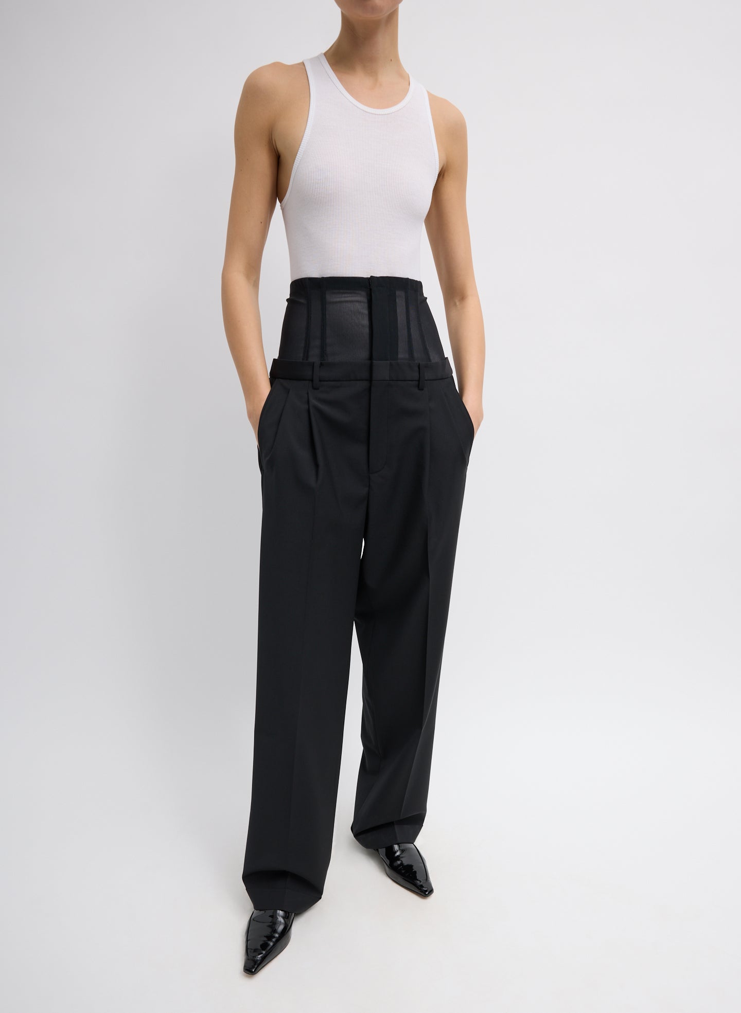 Recycled Tropical Wool Corset Trouser - Black Recycled Tropical Wool Corset Trouser - double waisted, front view on model