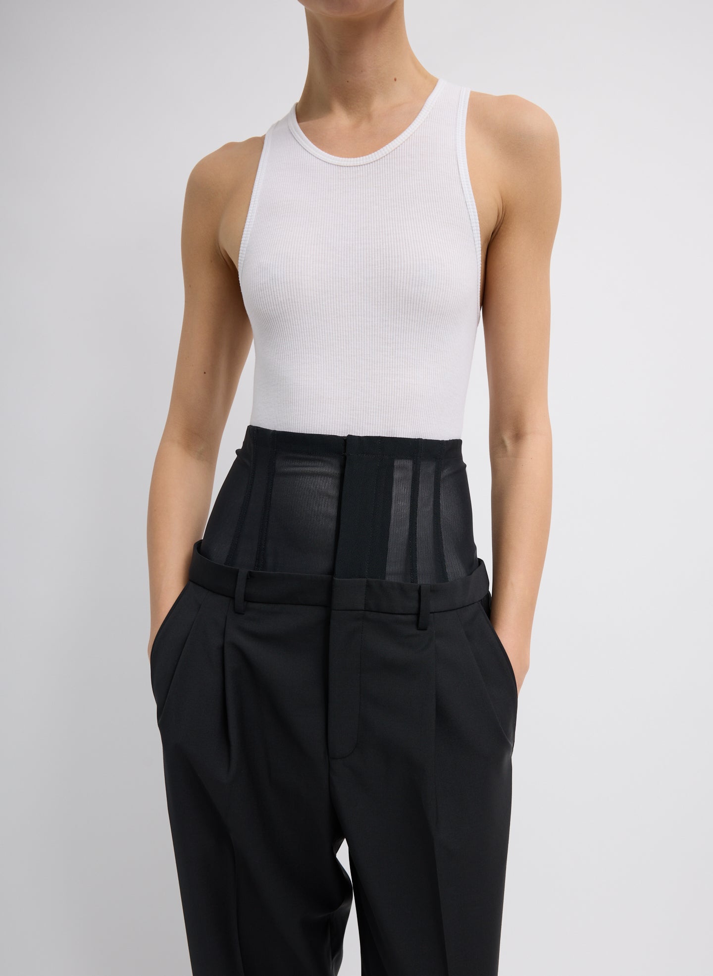 Black Recycled Tropical Wool Corset Trouser - closeup of waistline