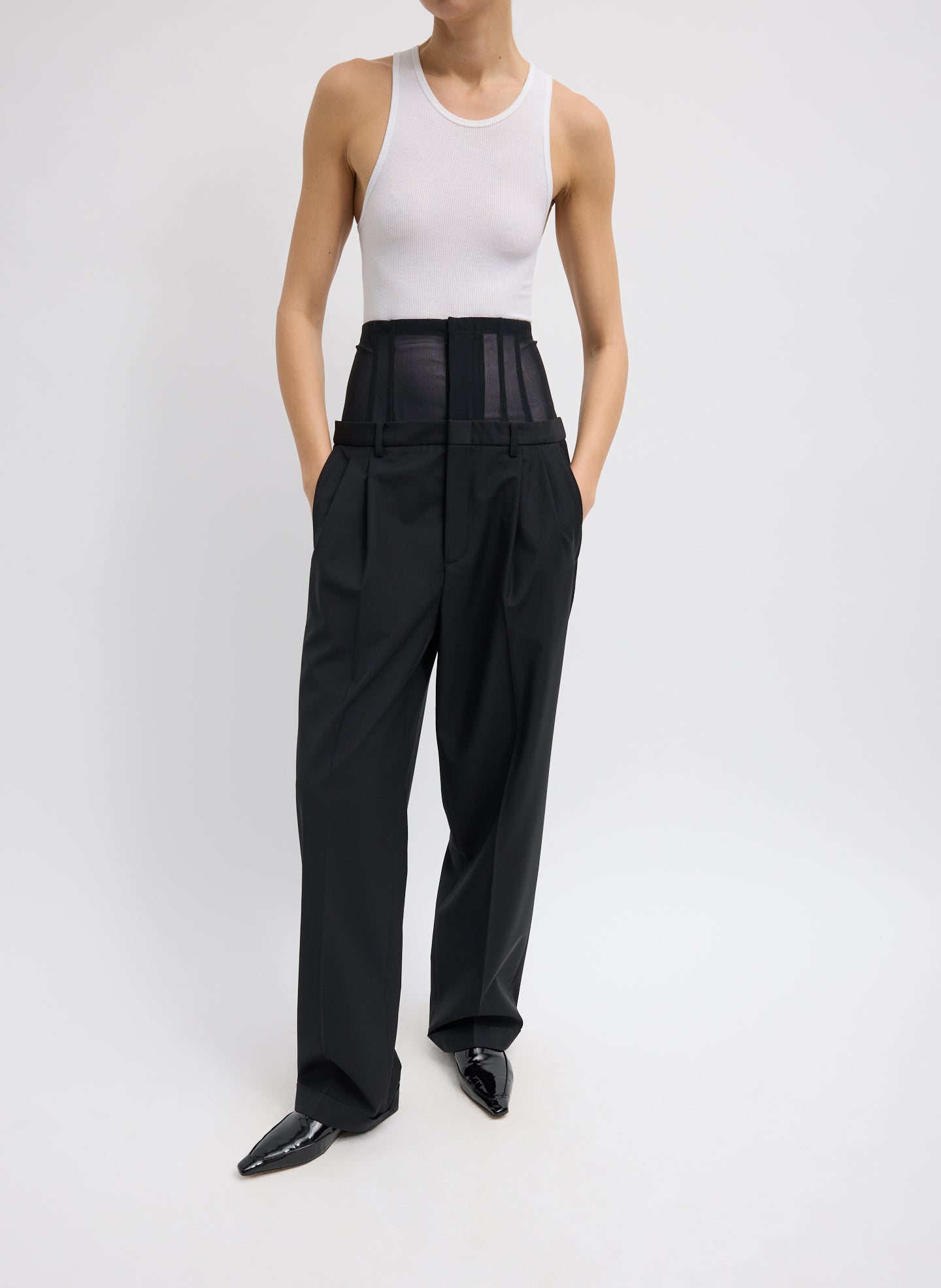 Black Recycled Tropical Wool Corset Trouser - double waisted, front view on model
