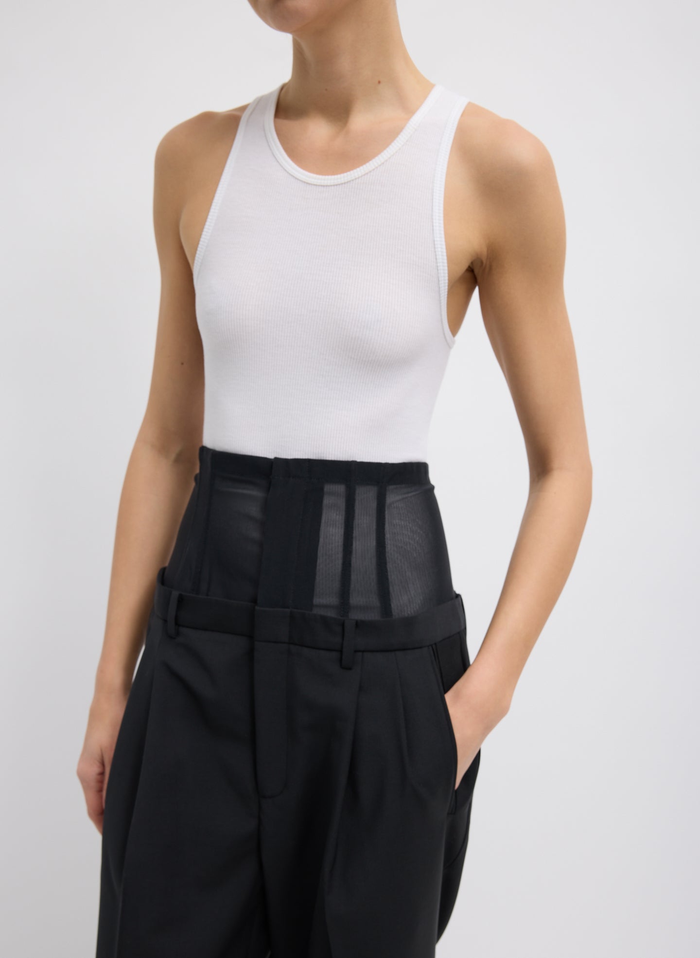 Black Recycled Tropical Wool Corset Trouser - closeup of waistline