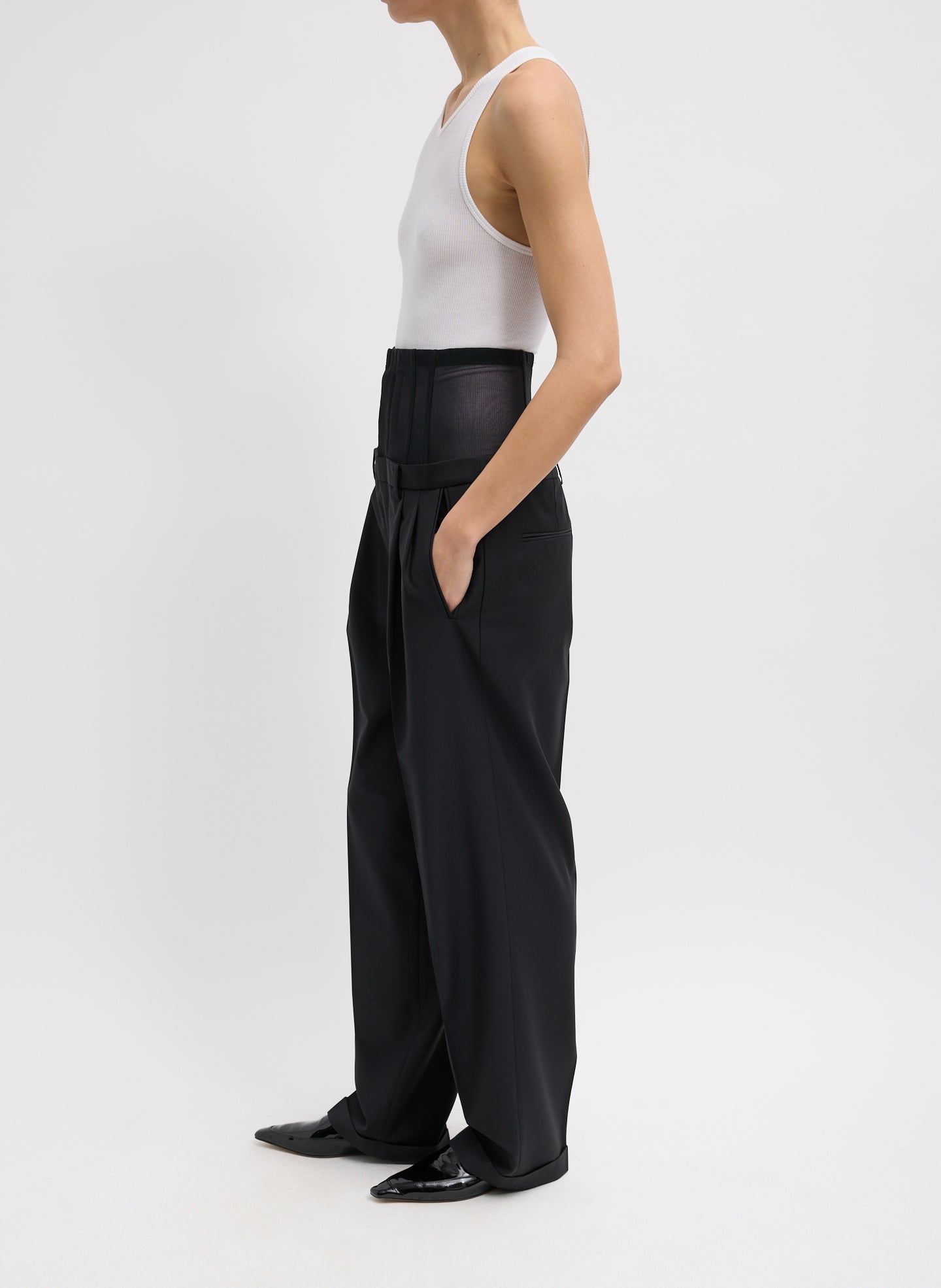 Black Recycled Tropical Wool Corset Trouser - double waisted, side view on model