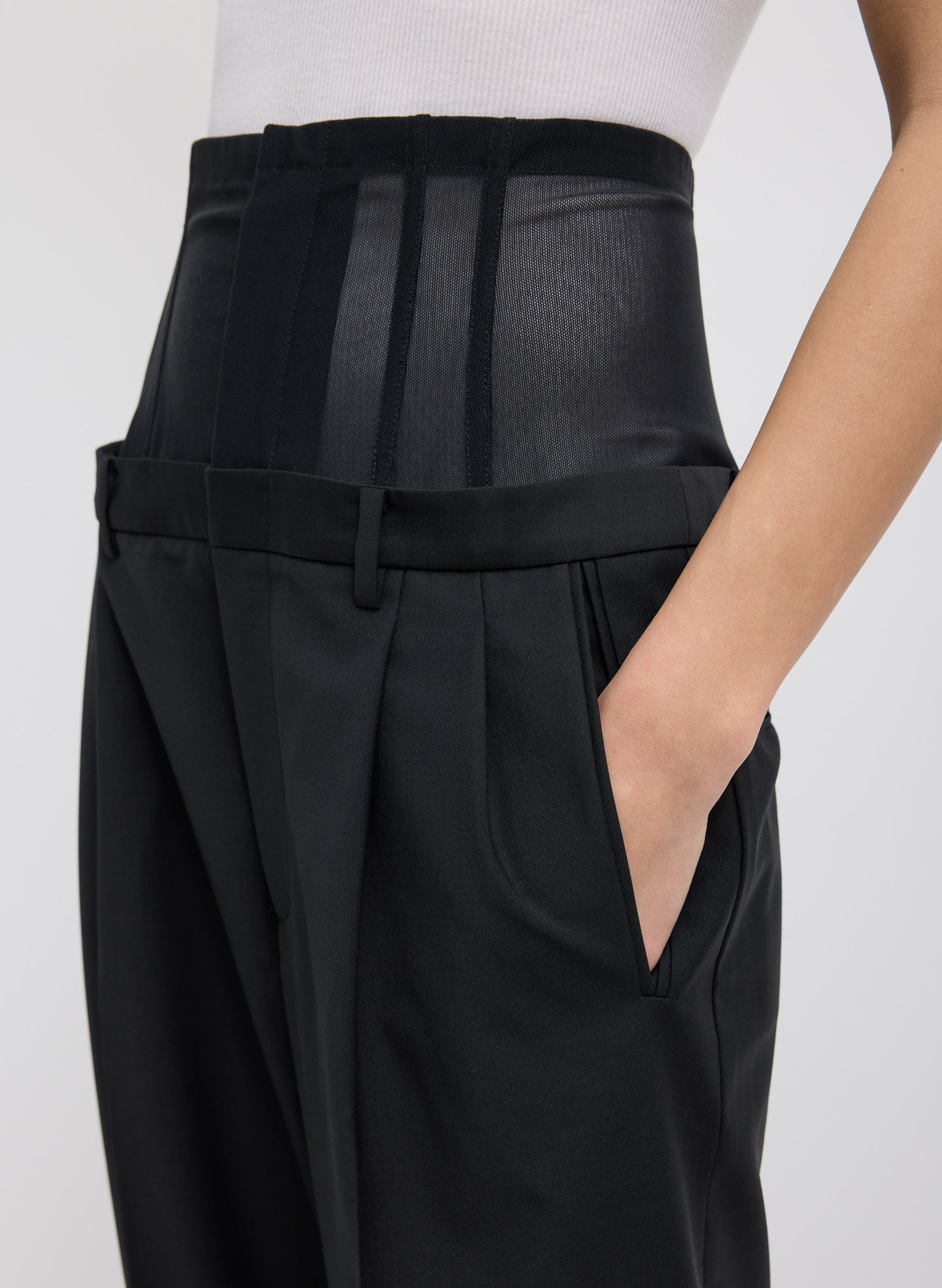 Black Recycled Tropical Wool Corset Trouser -closeup of corset double waist