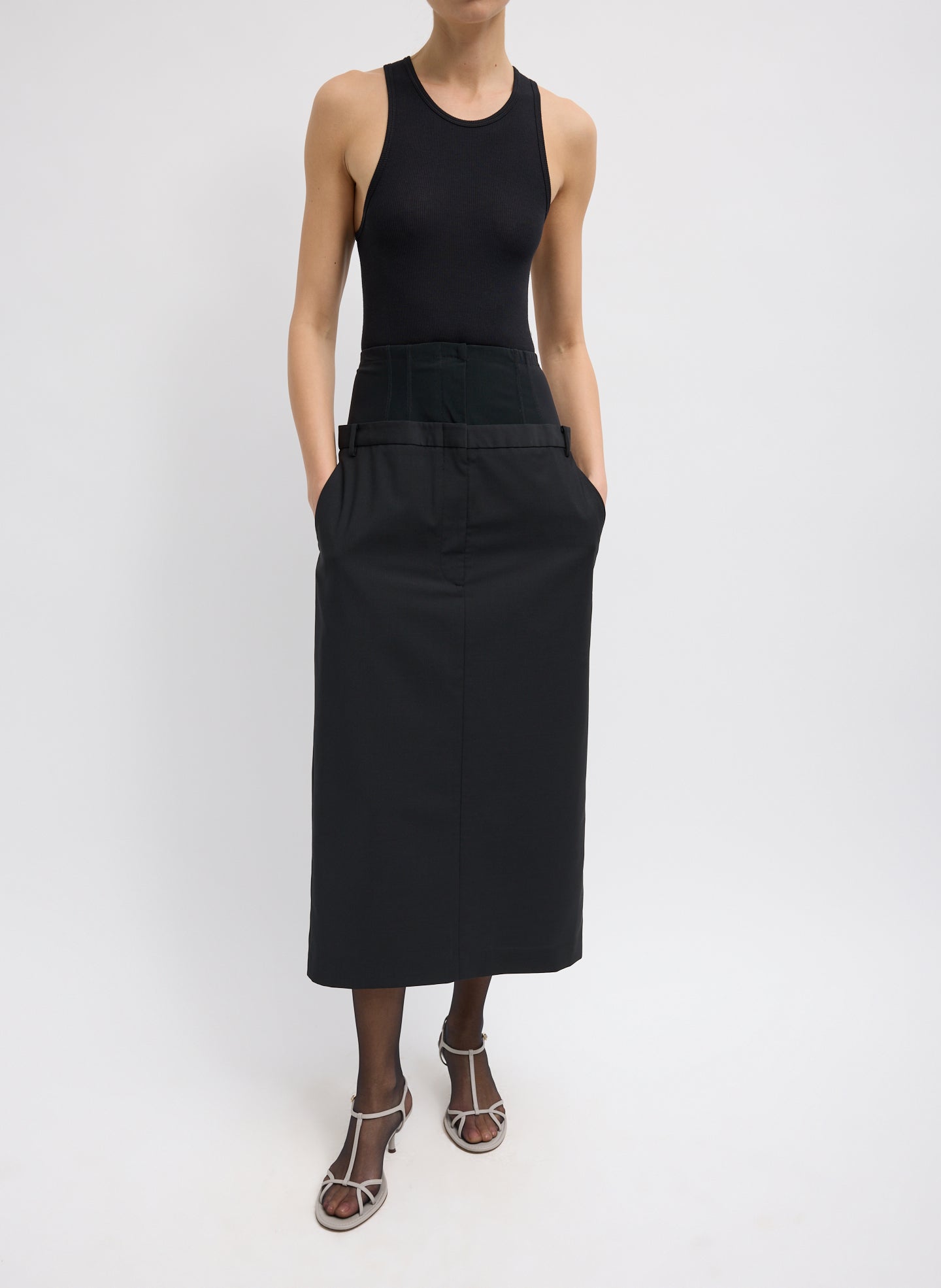 Black Recycled Tropical Wool Corset Maxi Trouser Skirt - double waisted, front view on model