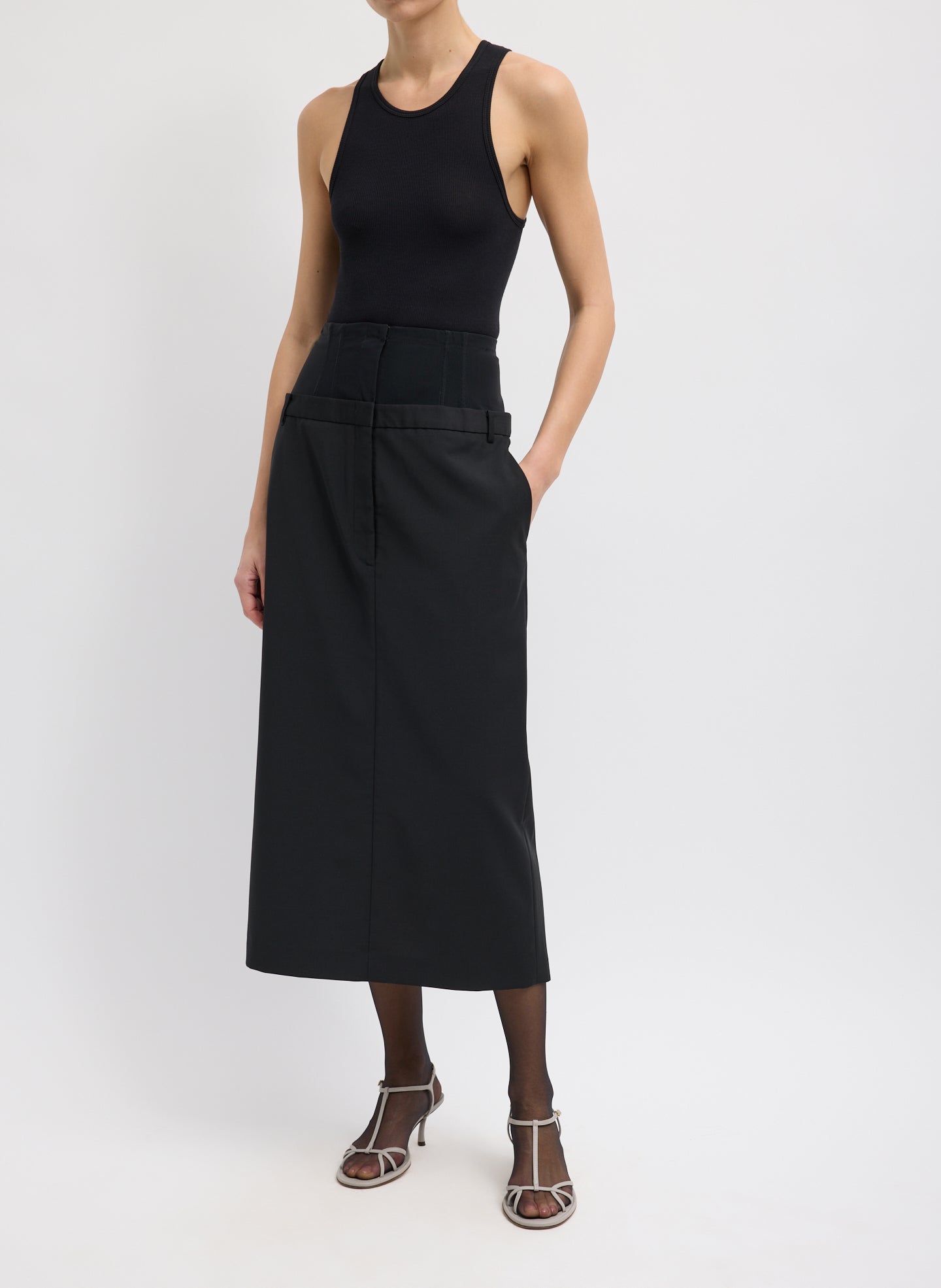 Black Recycled Tropical Wool Corset Maxi Trouser Skirt - double waisted, front view on model