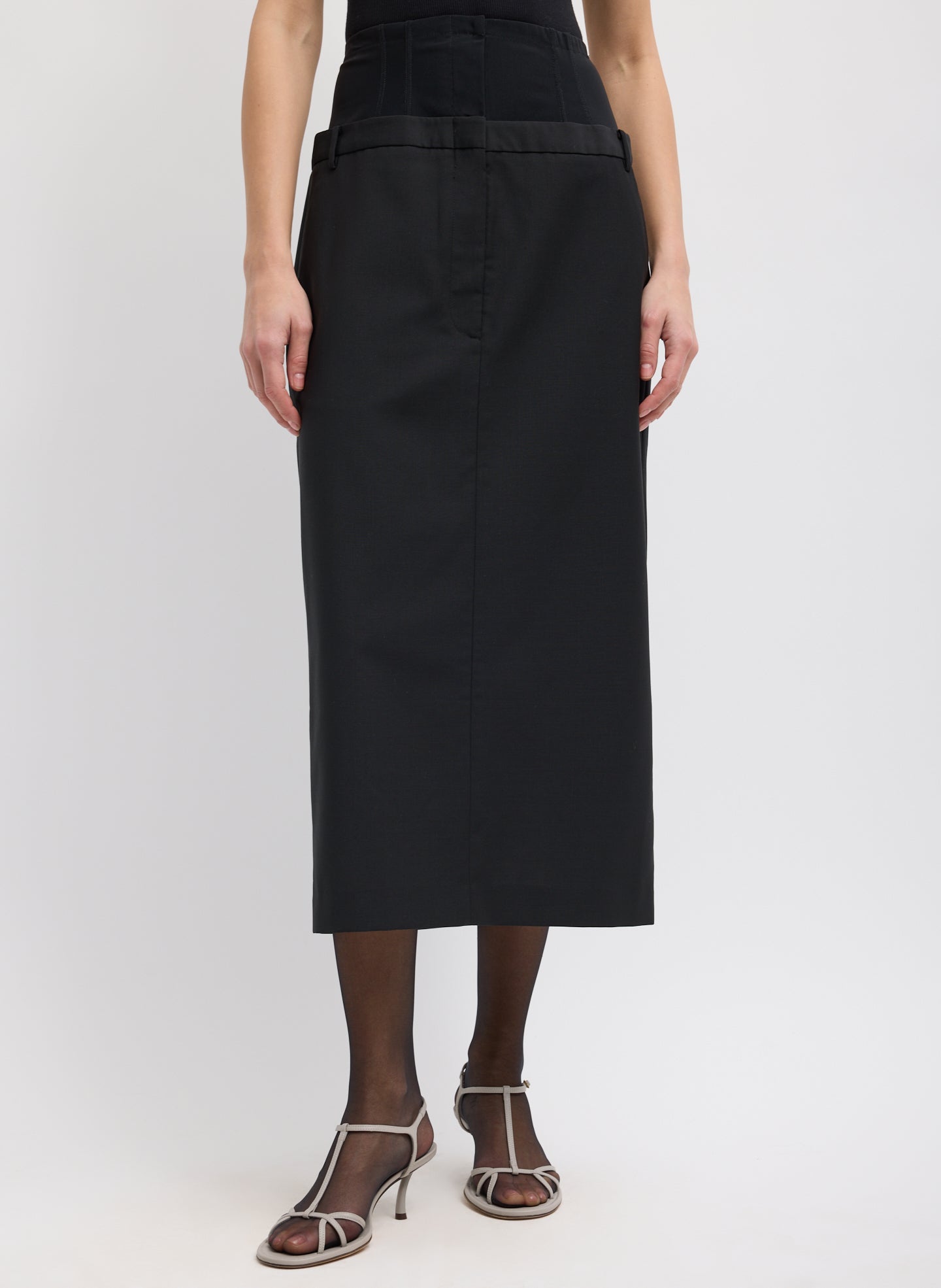 Black Recycled Tropical Wool Corset Maxi Trouser Skirt - front view on model
