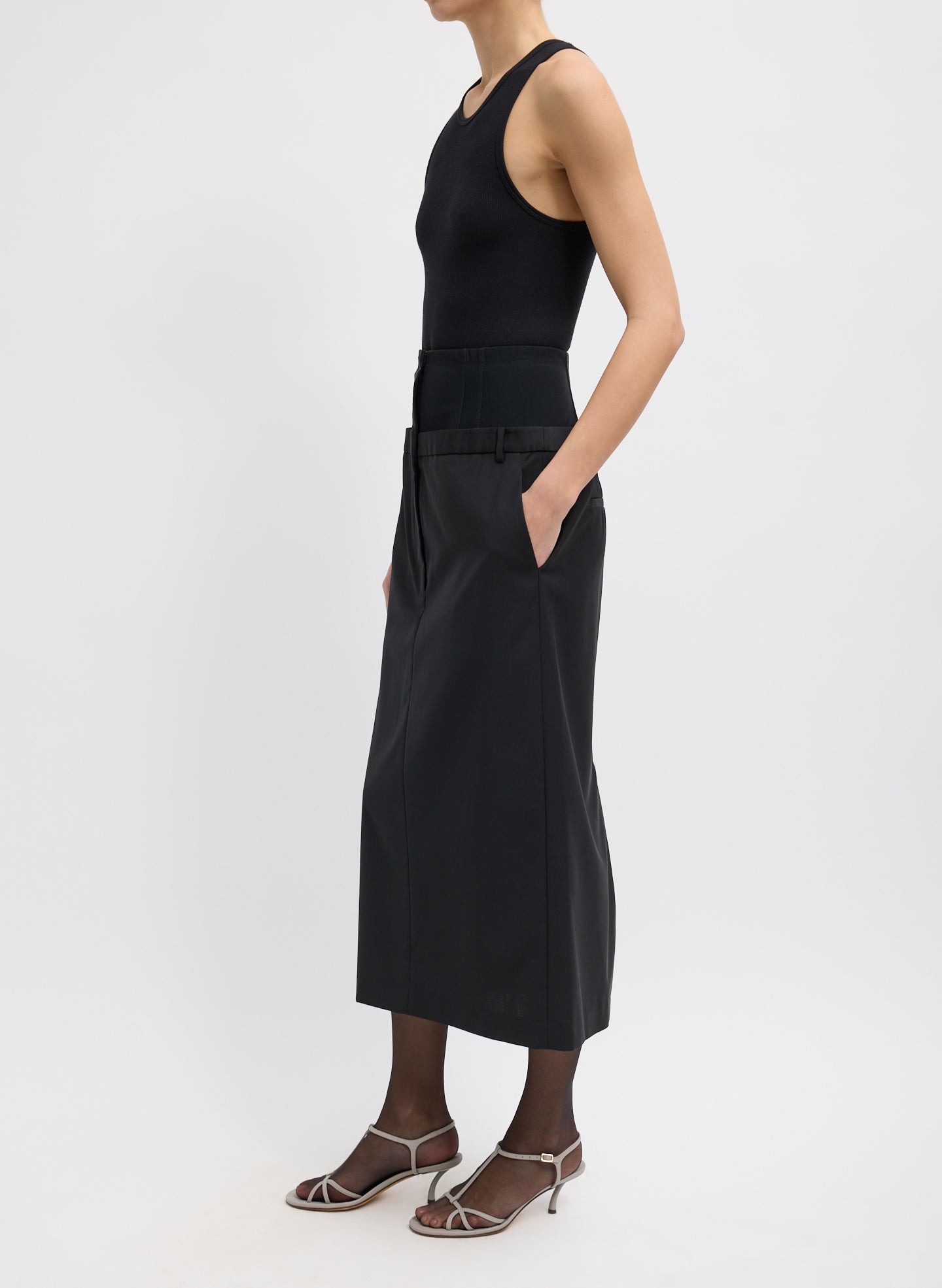 Black Recycled Tropical Wool Corset Maxi Trouser Skirt - double waisted, side view on model