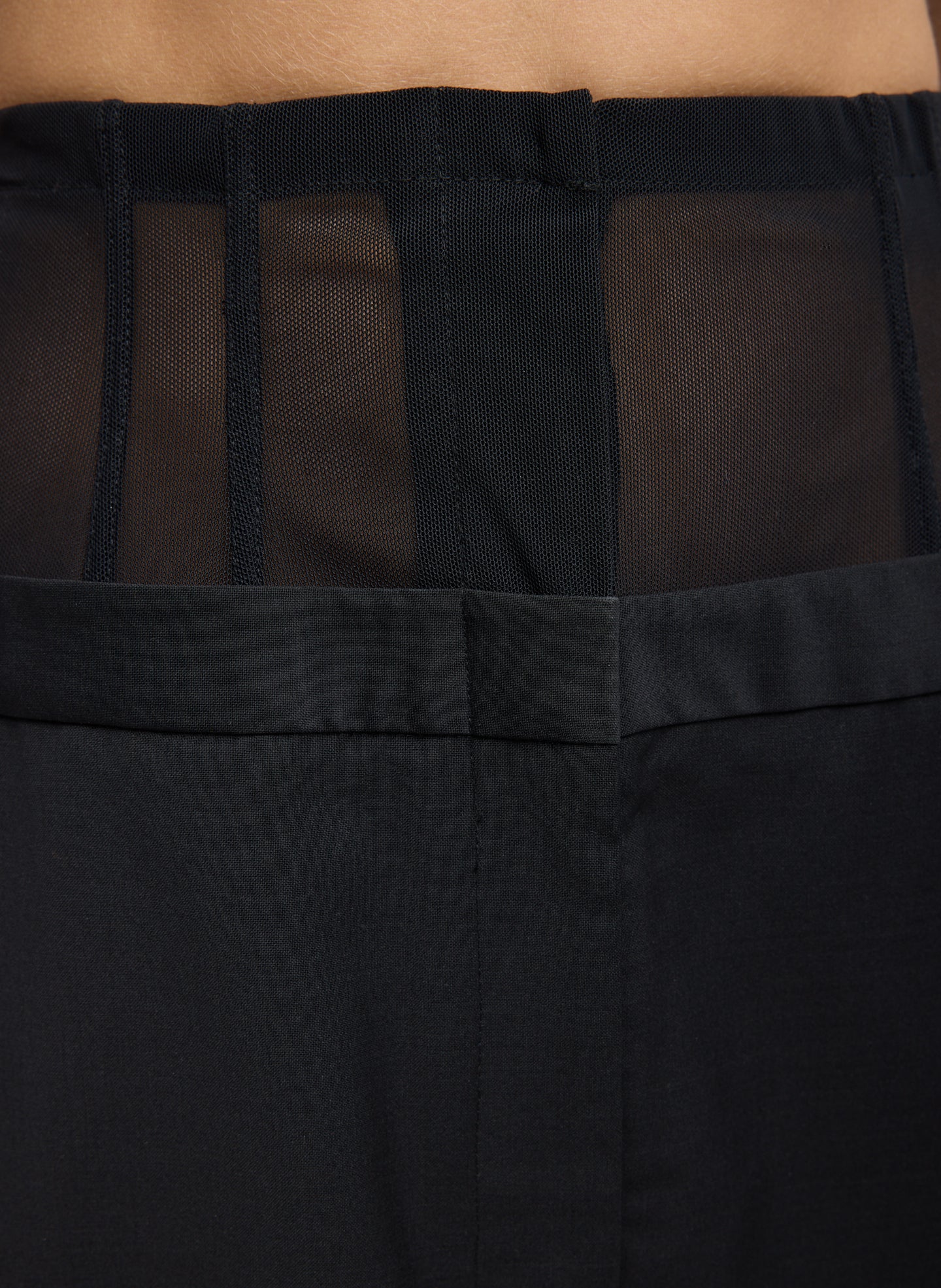 Black Recycled Tropical Wool Corset Maxi Trouser Skirt - closeup of corset double waist