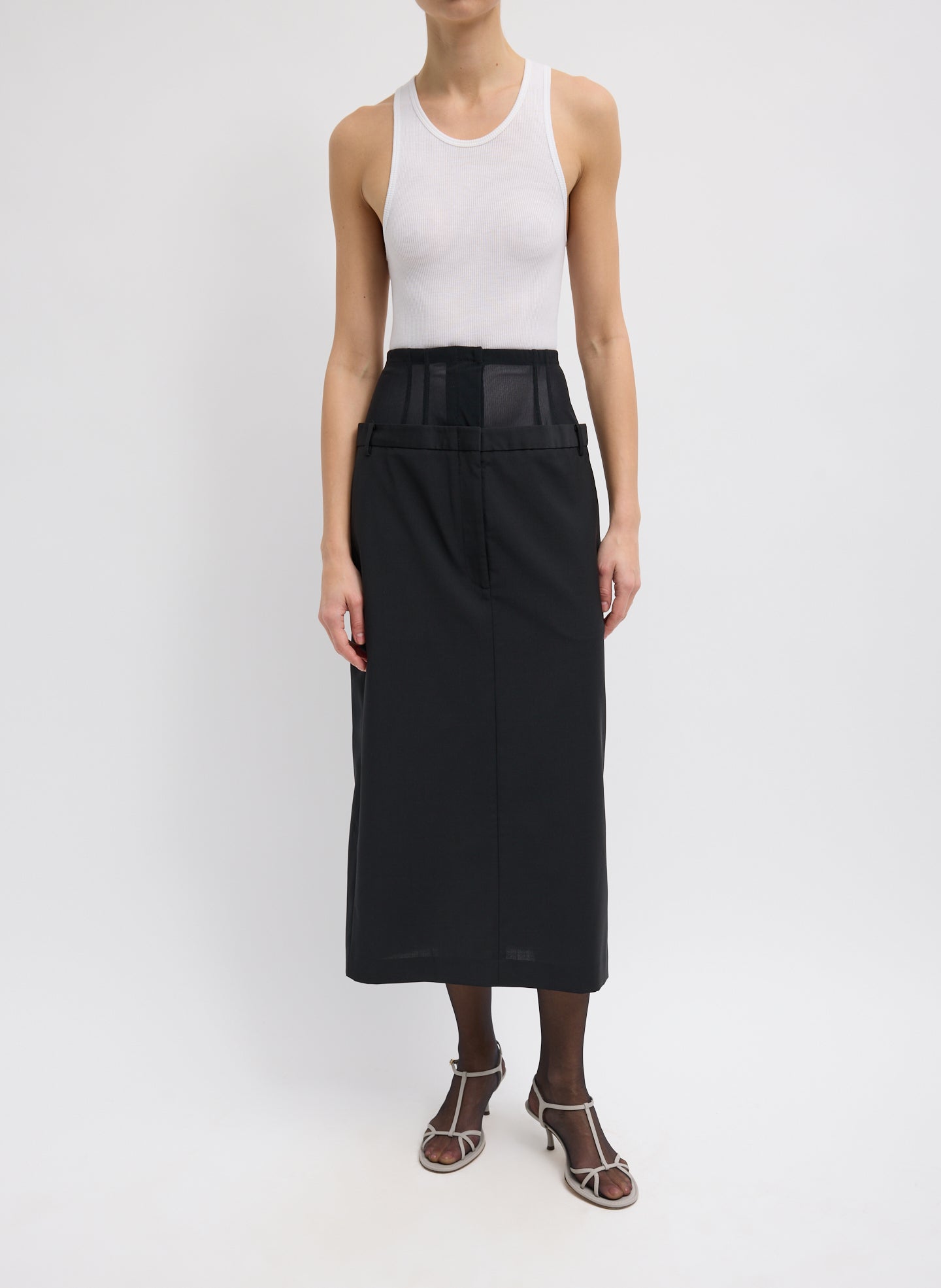 Recycled Tropical Wool Corset Maxi Trouser Skirt - Black Recycled Tropical Wool Corset Maxi Trouser Skirt - double waisted, front view on model