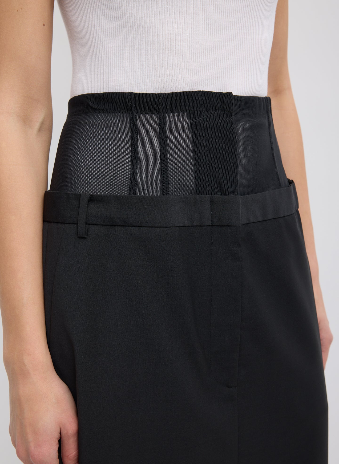 Black Recycled Tropical Wool Corset Maxi Trouser Skirt - closeup of corset double waist