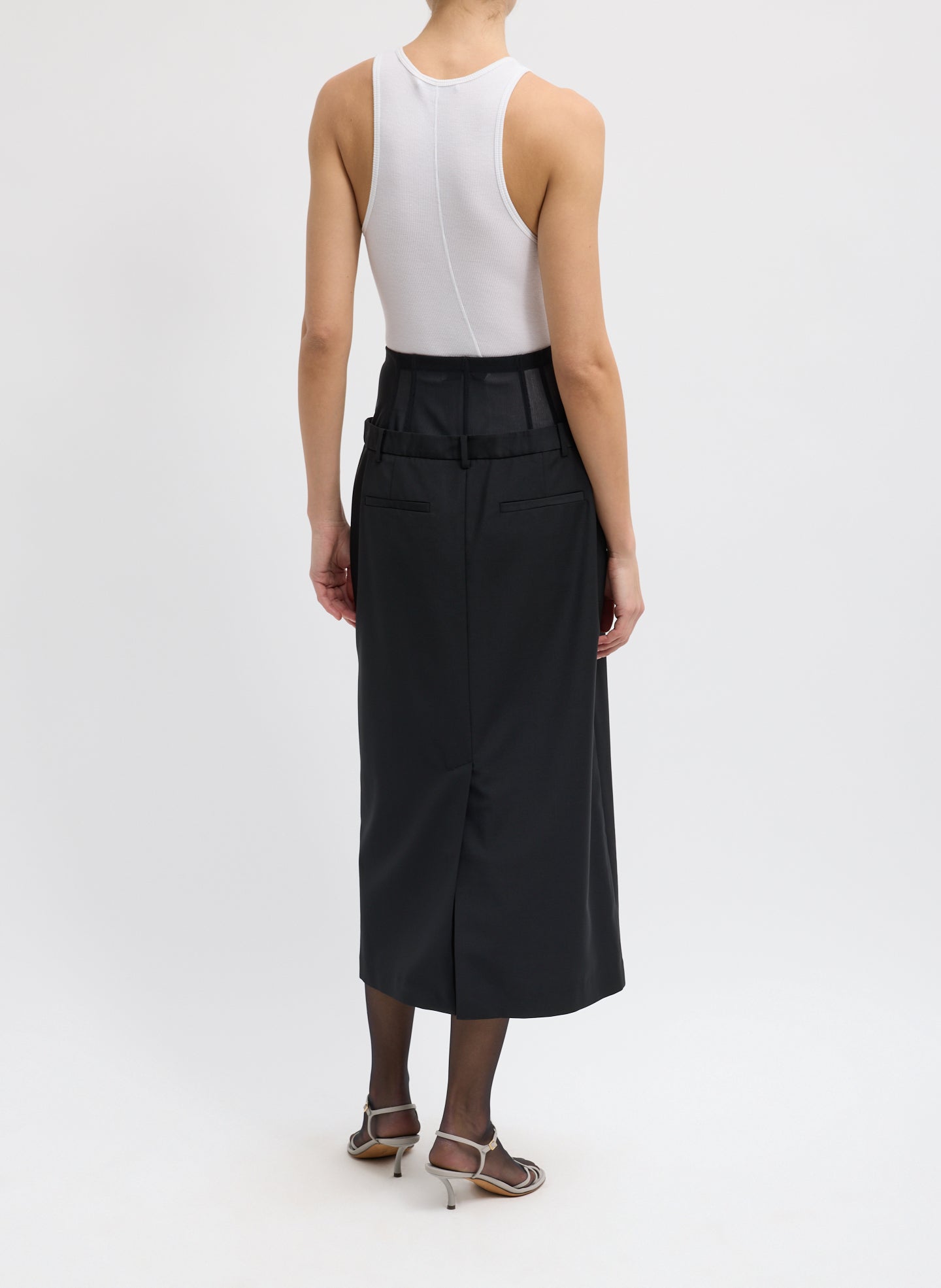 Black Recycled Tropical Wool Corset Maxi Trouser Skirt - double waisted, back view on model