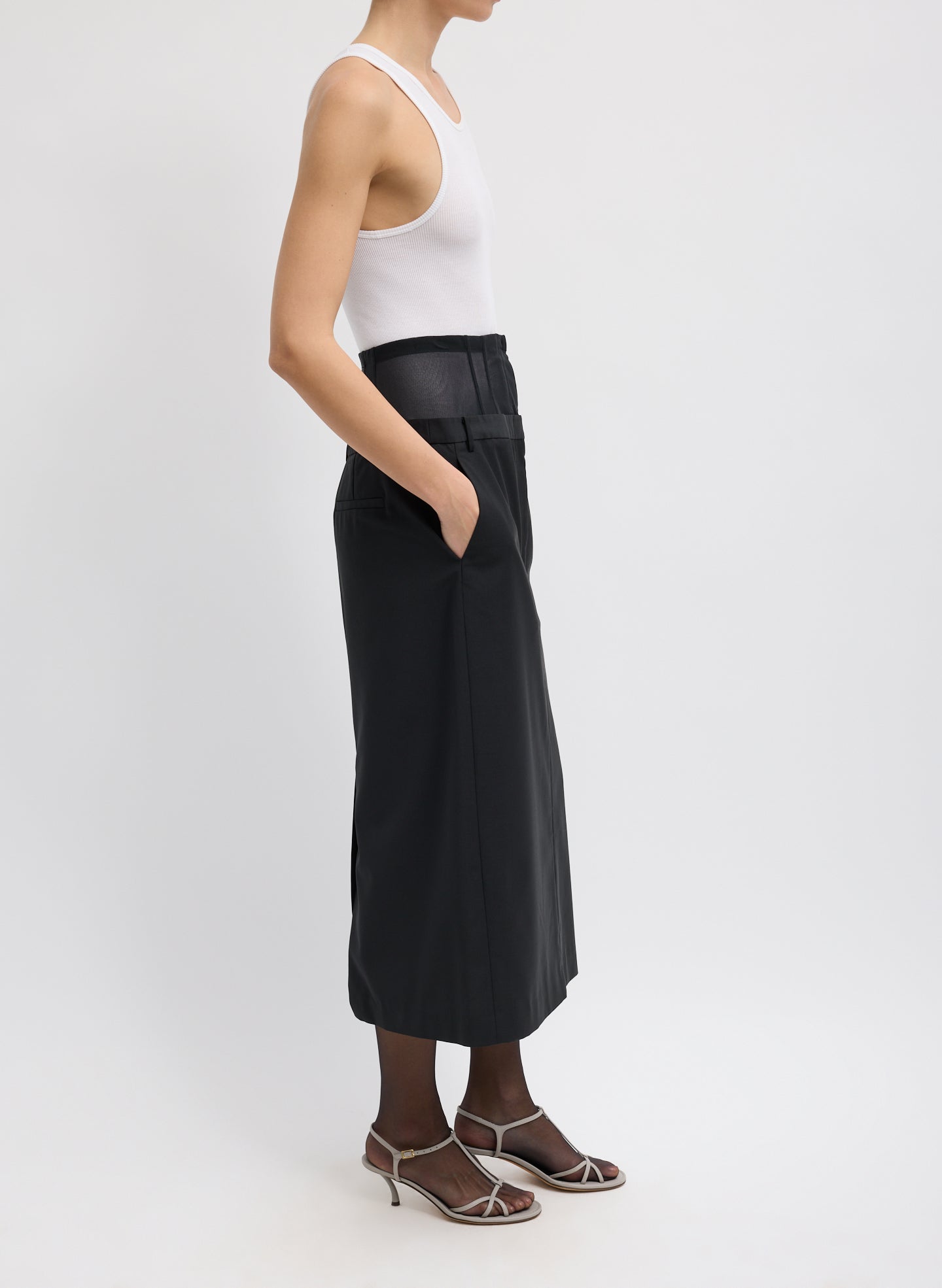 Black Recycled Tropical Wool Corset Maxi Trouser Skirt - double waisted, side view on model