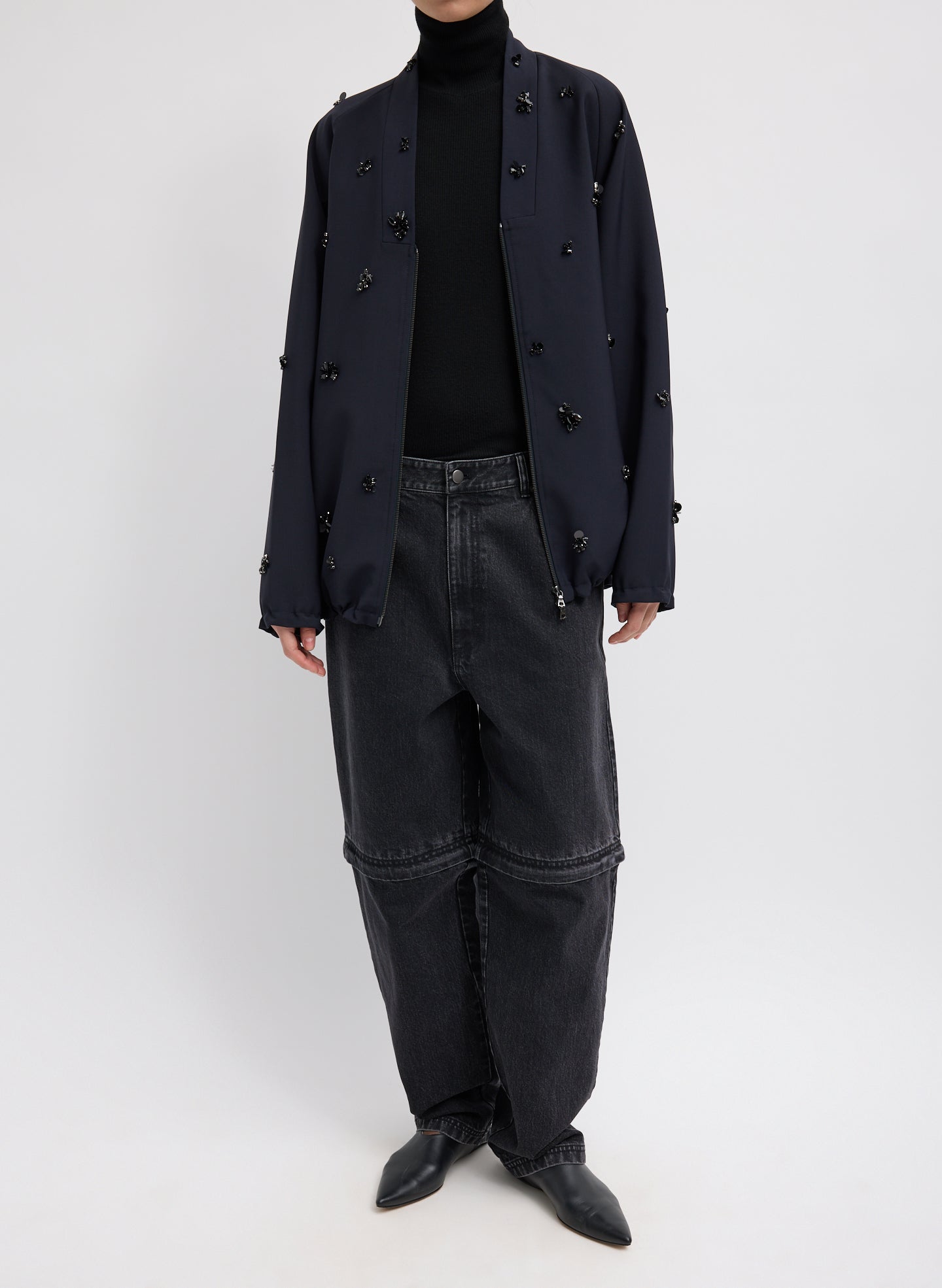 Black Tropical Wool Beaded Bomber Jacket - unzipped, full look, front view on model