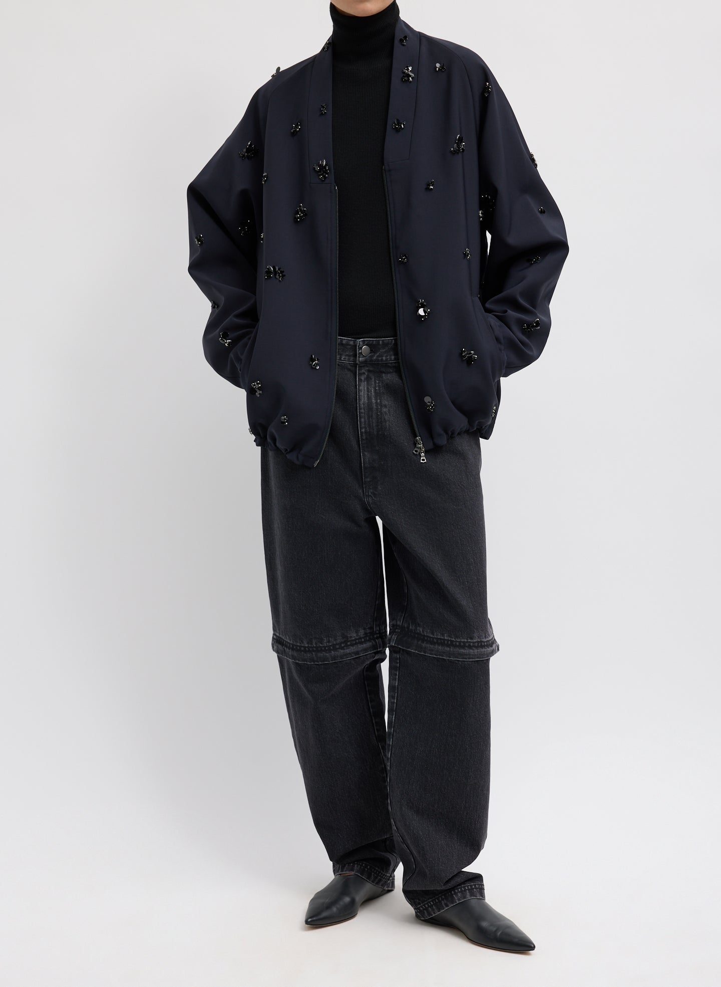 Black Tropical Wool Beaded Bomber Jacket - unzipped, full look, front view on model