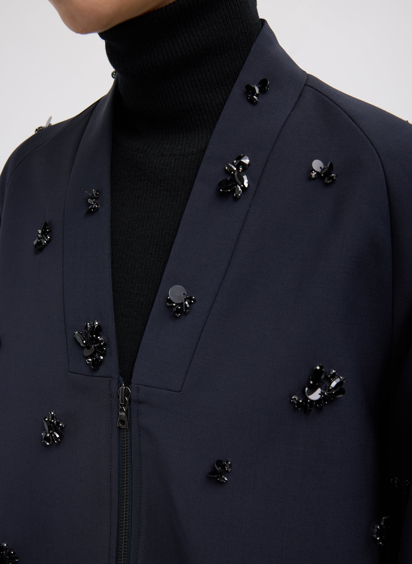 Black Tropical Wool Beaded Bomber Jacket - closeup of beaded embellishments