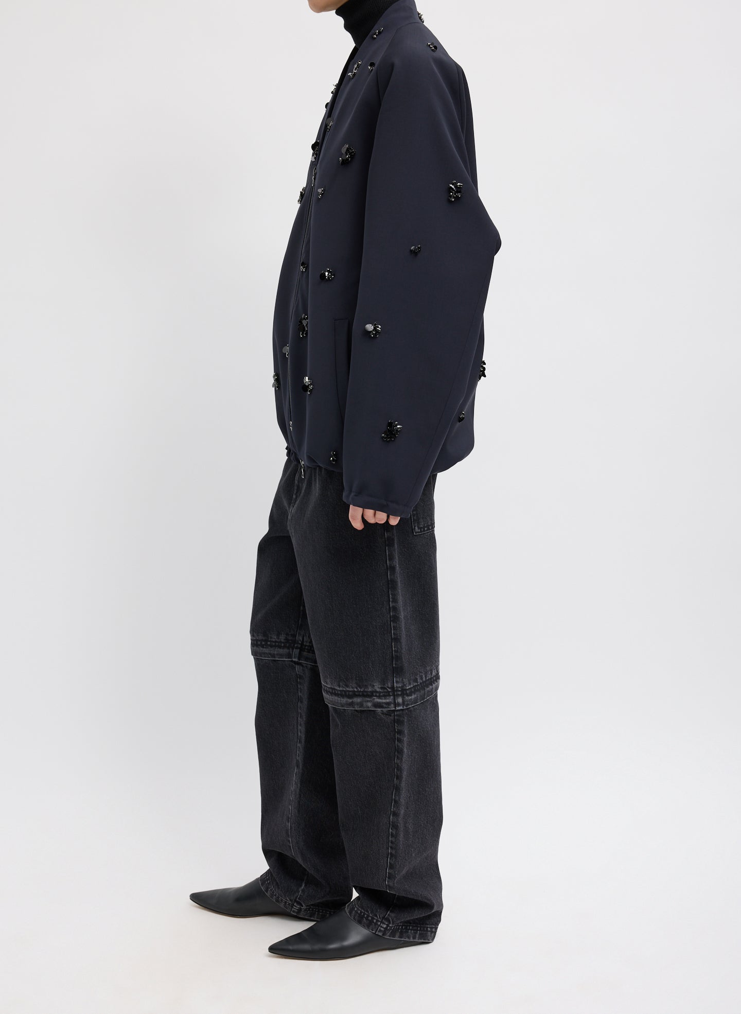 Black Tropical Wool Beaded Bomber Jacket - full look, side view on model