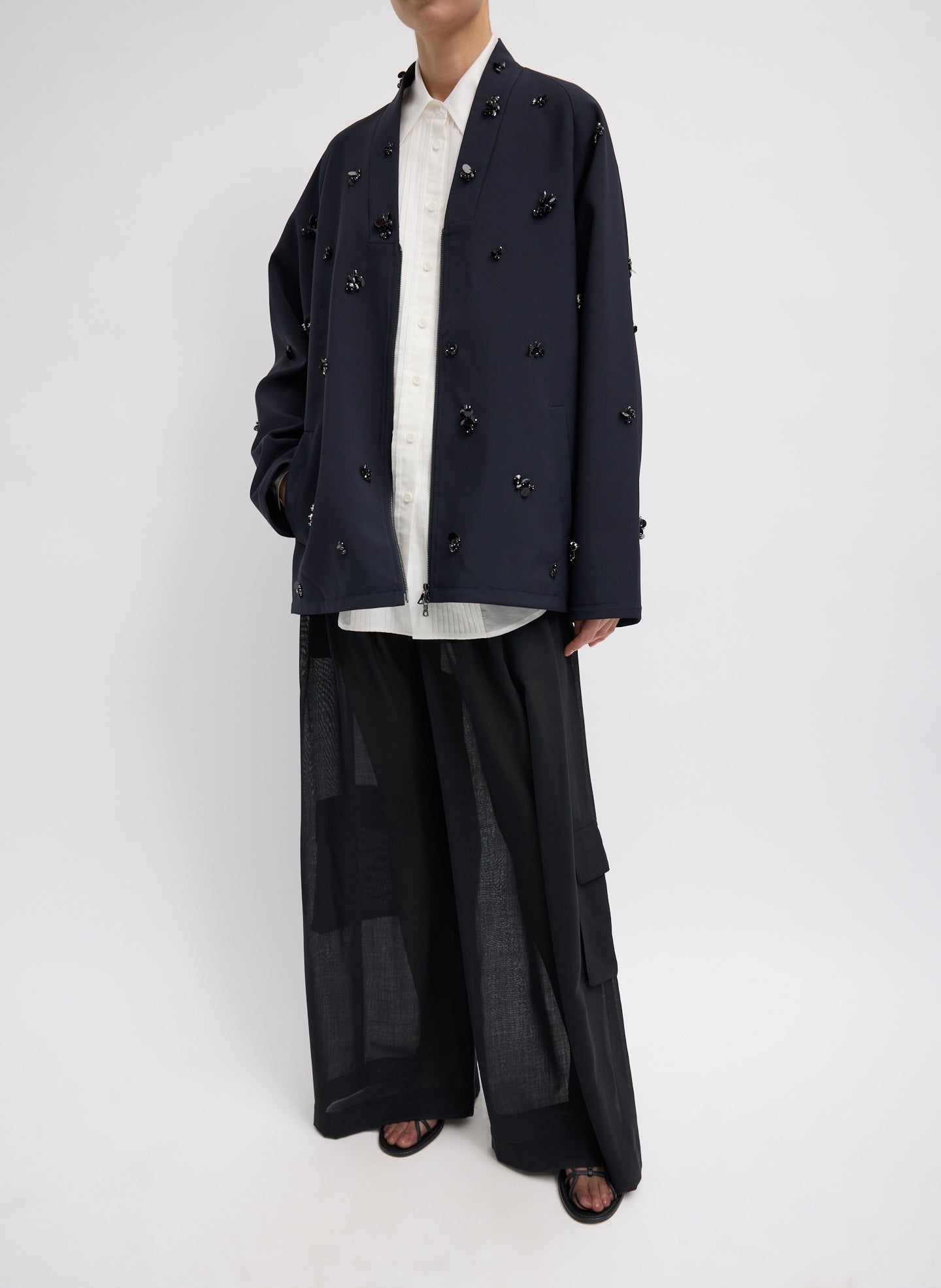 Black Tropical Wool Beaded Bomber Jacket - full look, front view on model