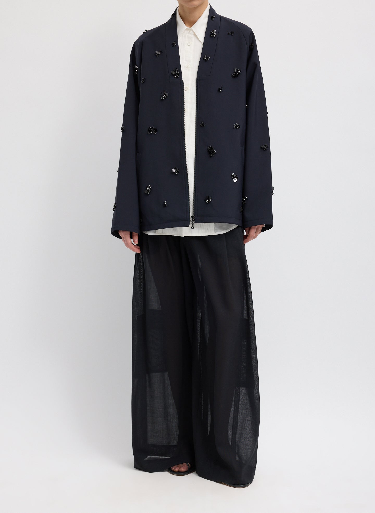 Black Tropical Wool Beaded Bomber Jacket - full look, front view on model