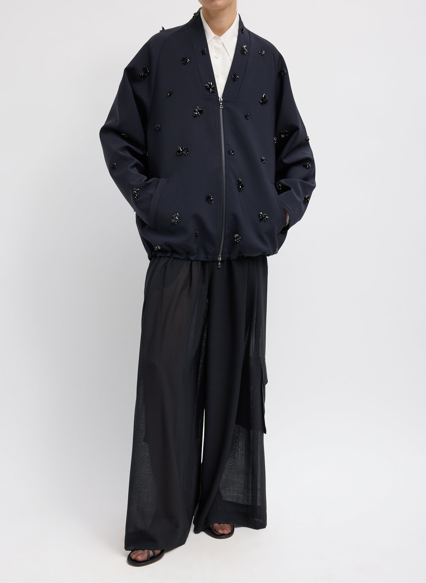 Black Tropical Wool Beaded Bomber Jacket - full look, front view on model
