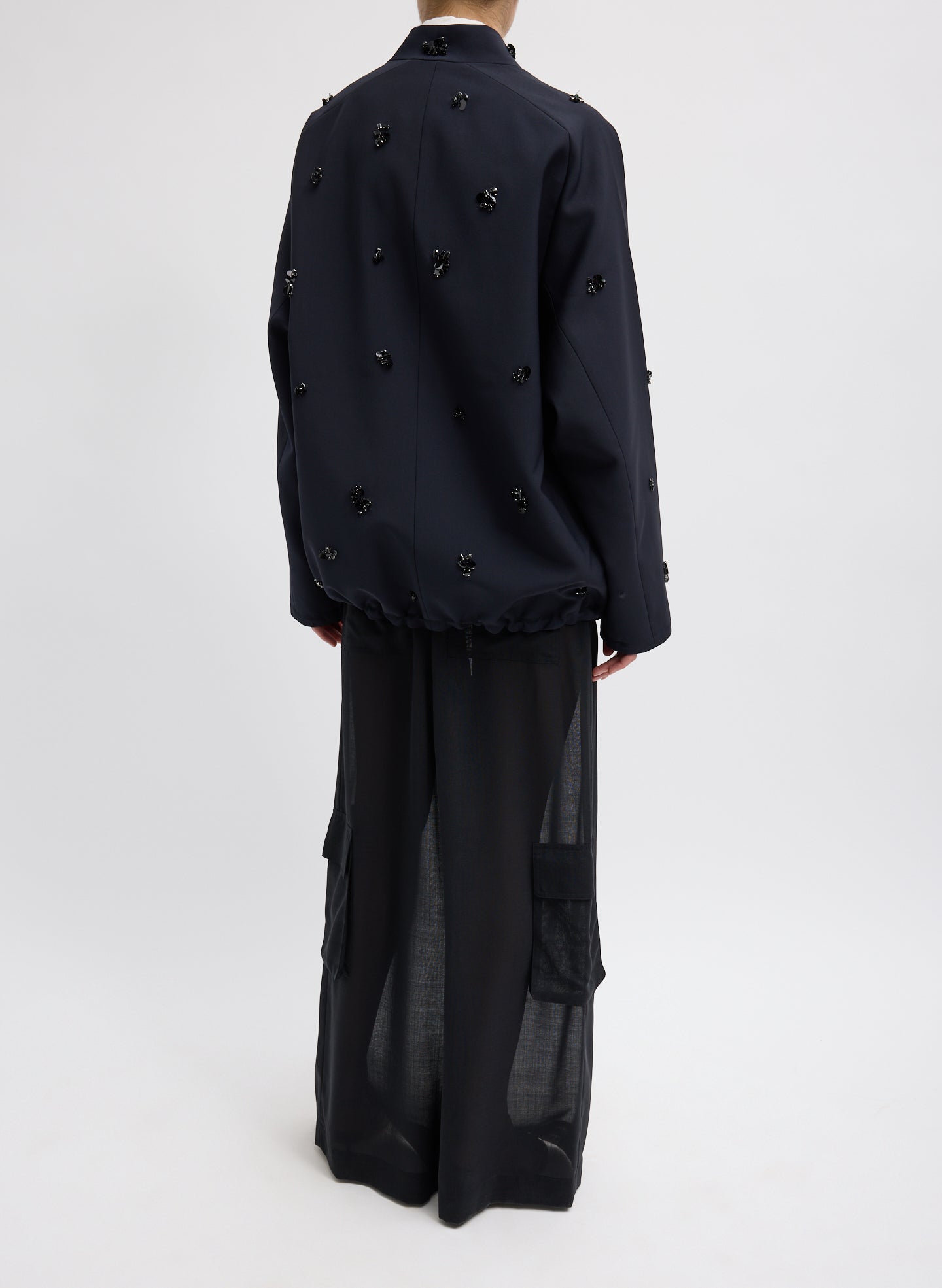 Black Tropical Wool Beaded Bomber Jacket - full look, back view on model