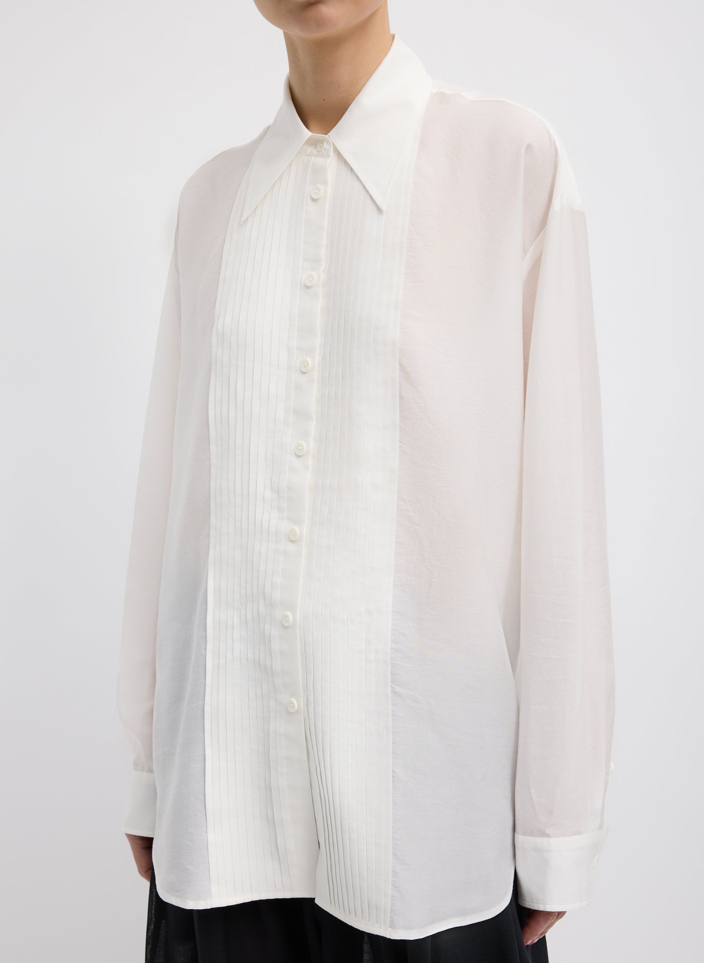 Silk Voile Easy Pintucked Shirt - Ivory Silk Voile Easy Pintucked Shirt - button down, front view on model