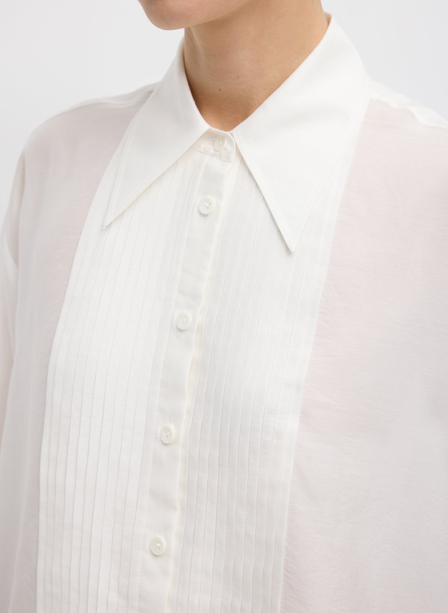 Ivory Silk Voile Easy Pintucked Shirt - closeup of button detail at front