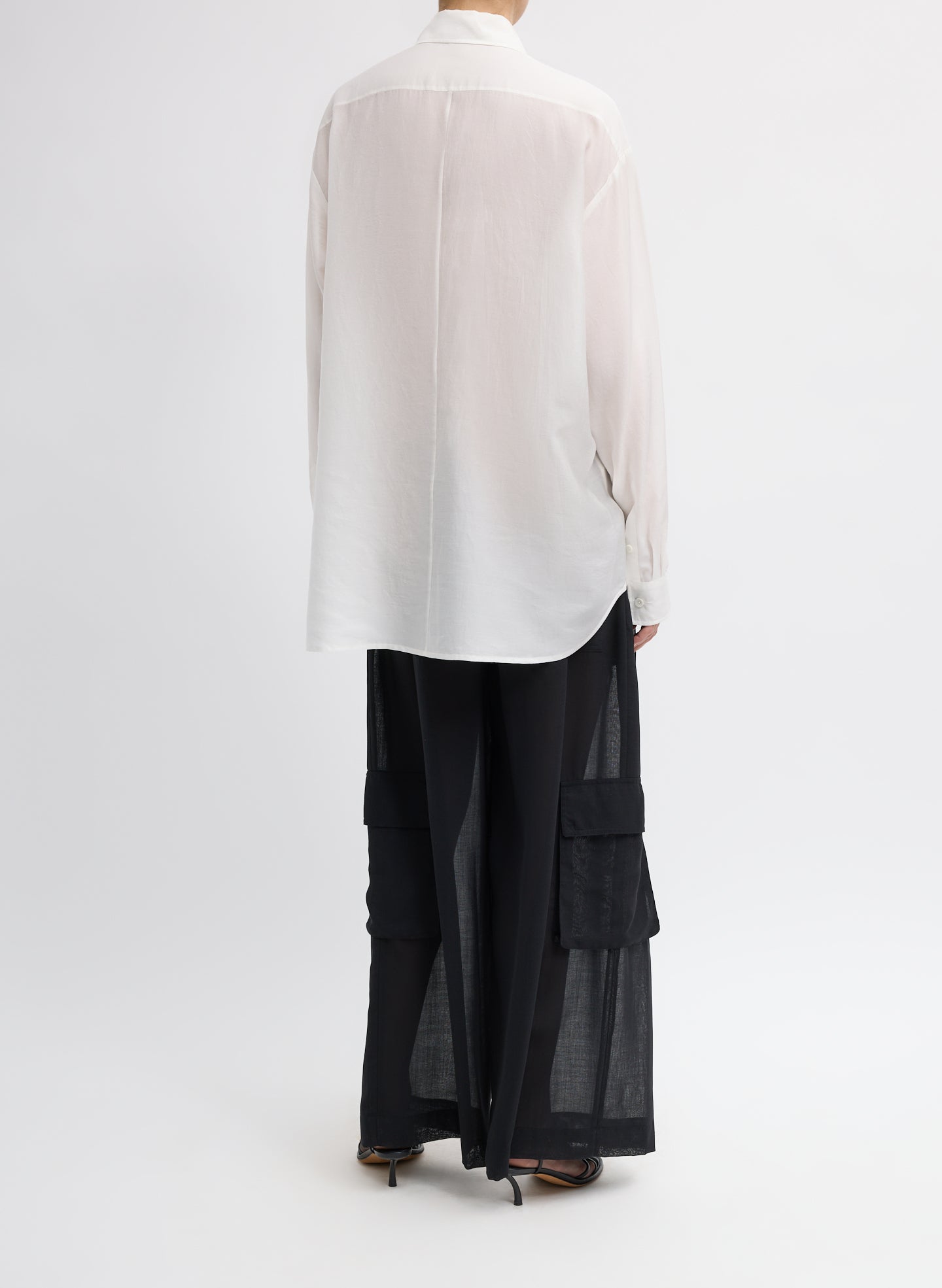 Ivory Silk Voile Easy Pintucked Shirt - button down, back view on model