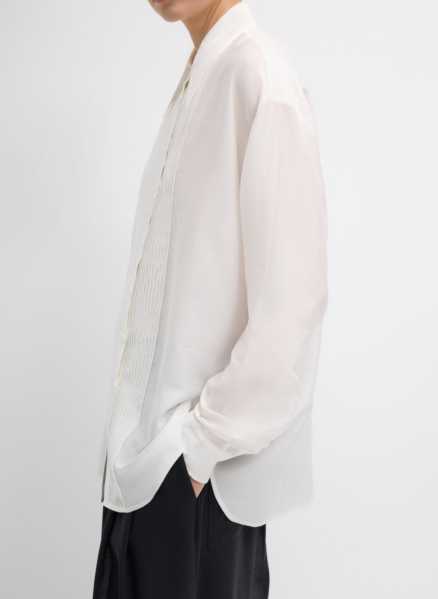 Ivory Silk Voile Easy Pintucked Shirt - button down, side view on model