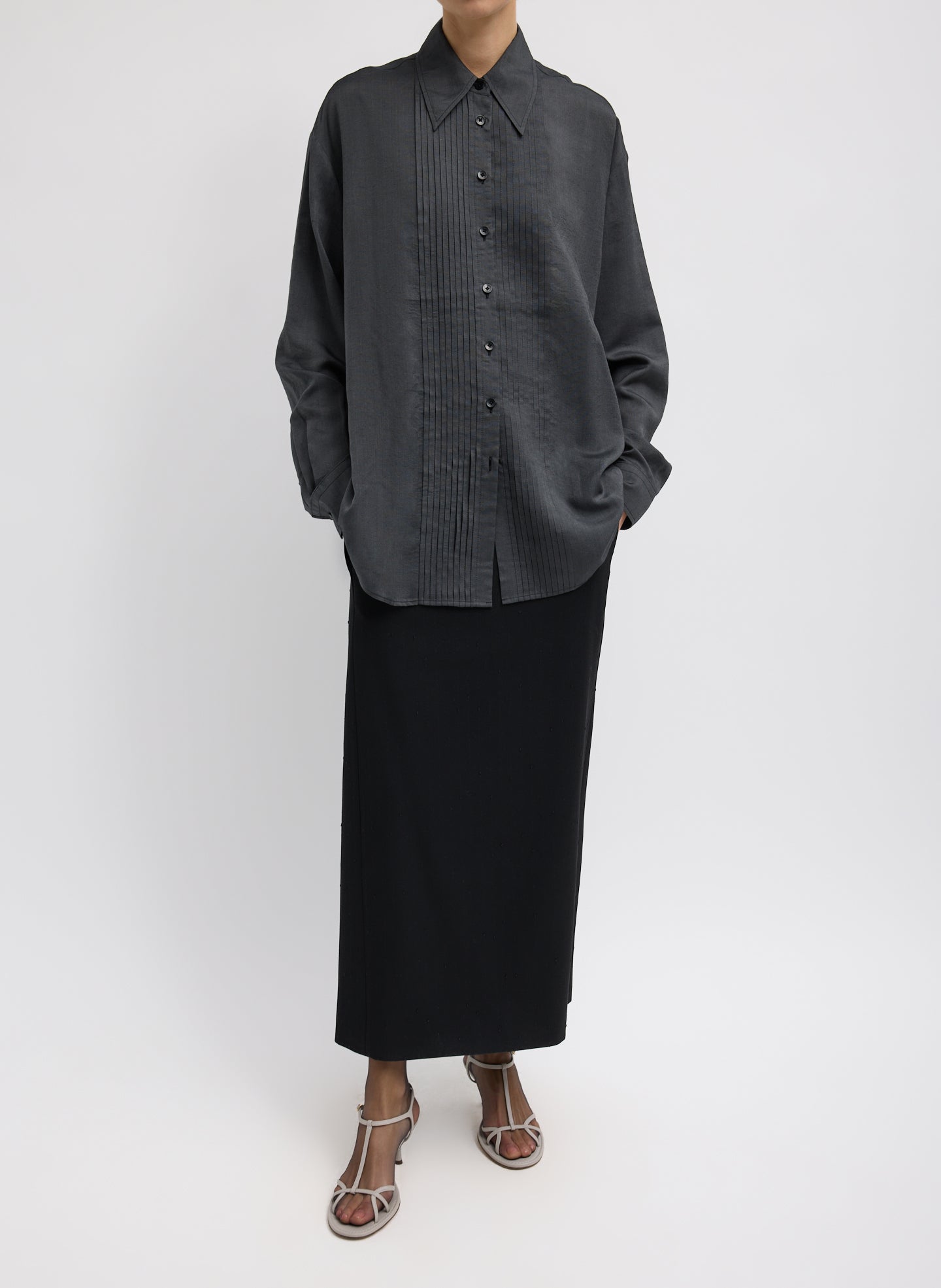Graphite Silk Voile Easy Pintucked Shirt - full look, front view on model
