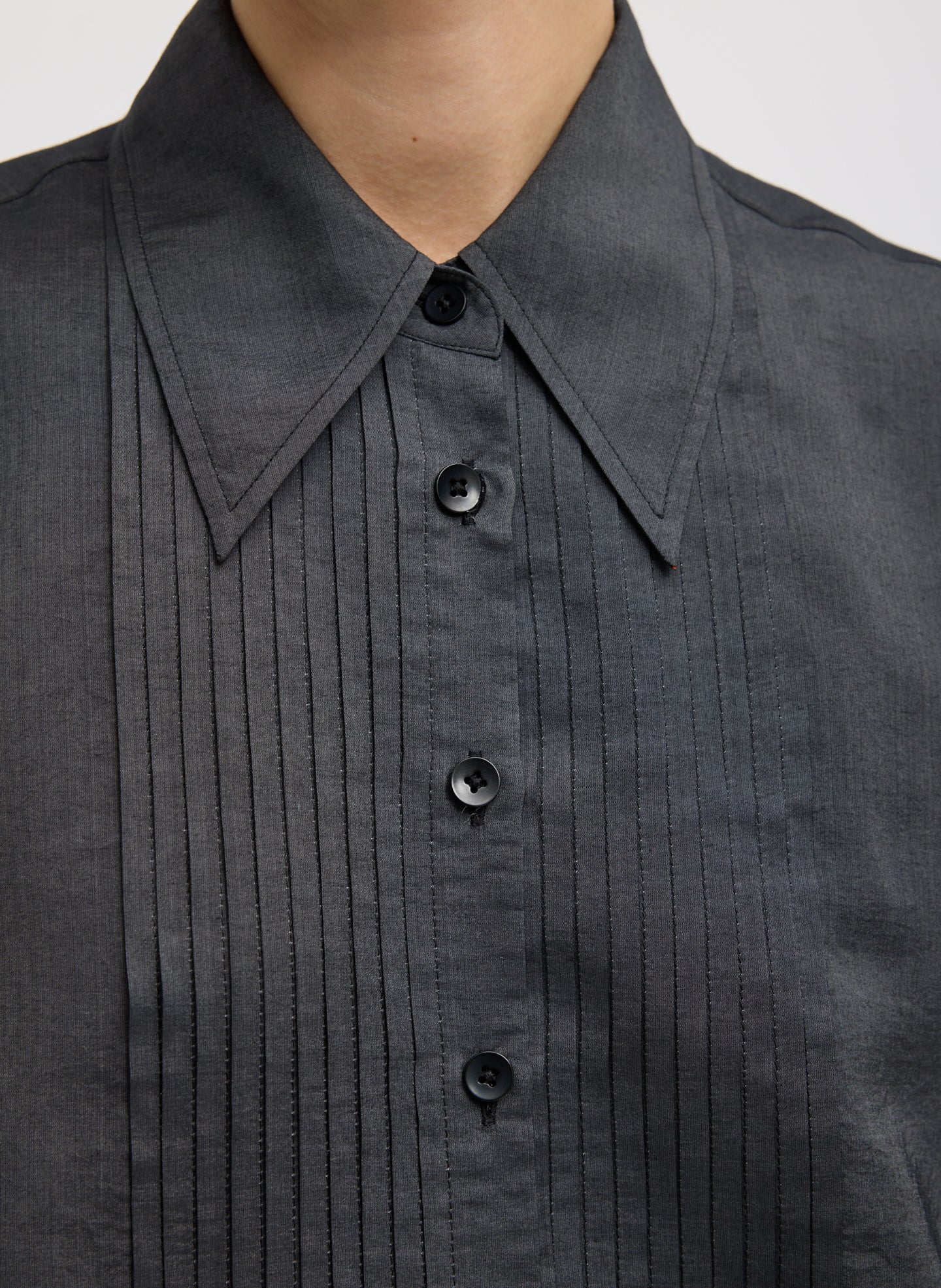 Graphite Silk Voile Easy Pintucked Shirt - closeup of buttons and pintuck detail at front