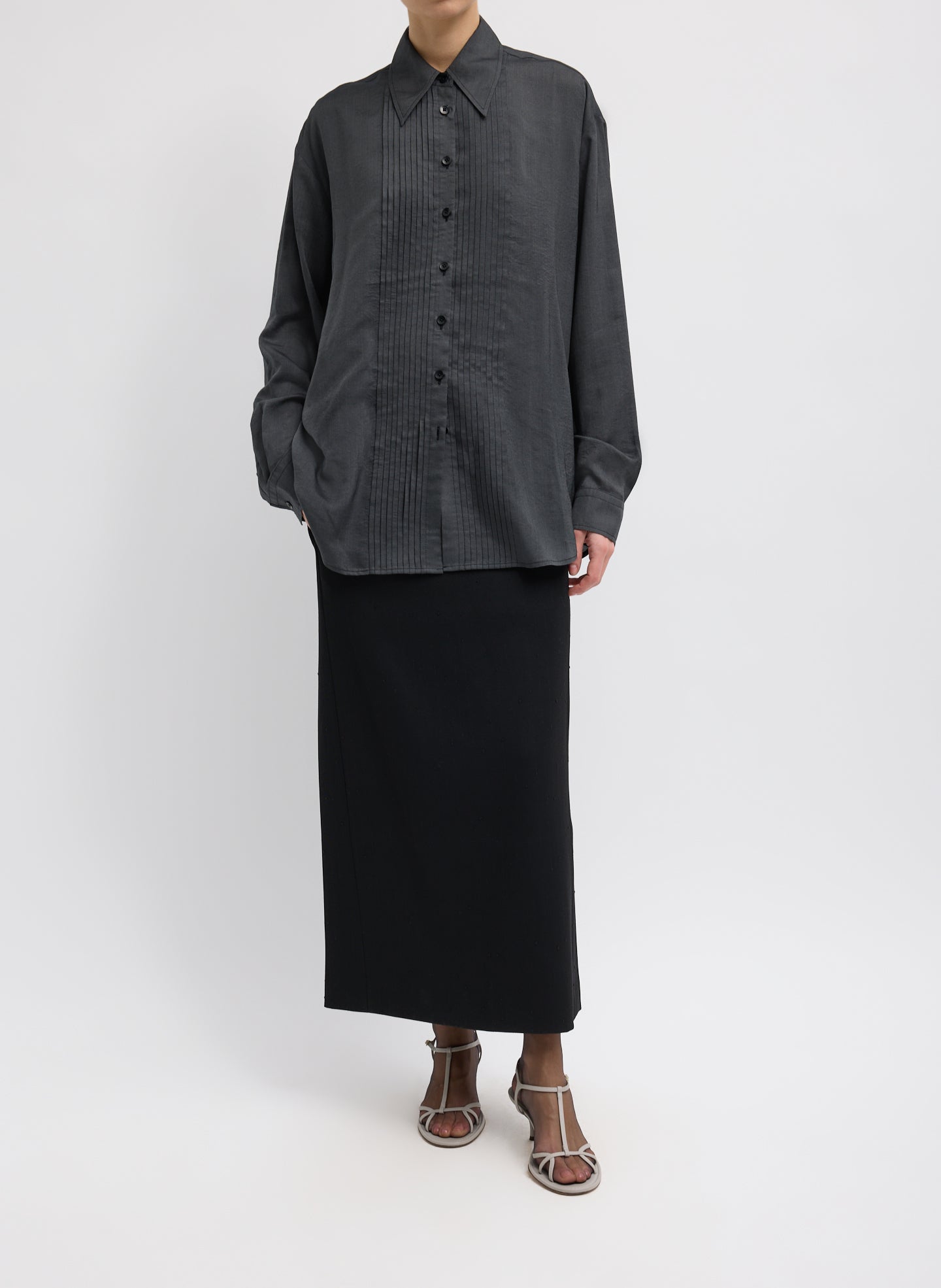 Graphite Silk Voile Easy Pintucked Shirt - full look, front view on model