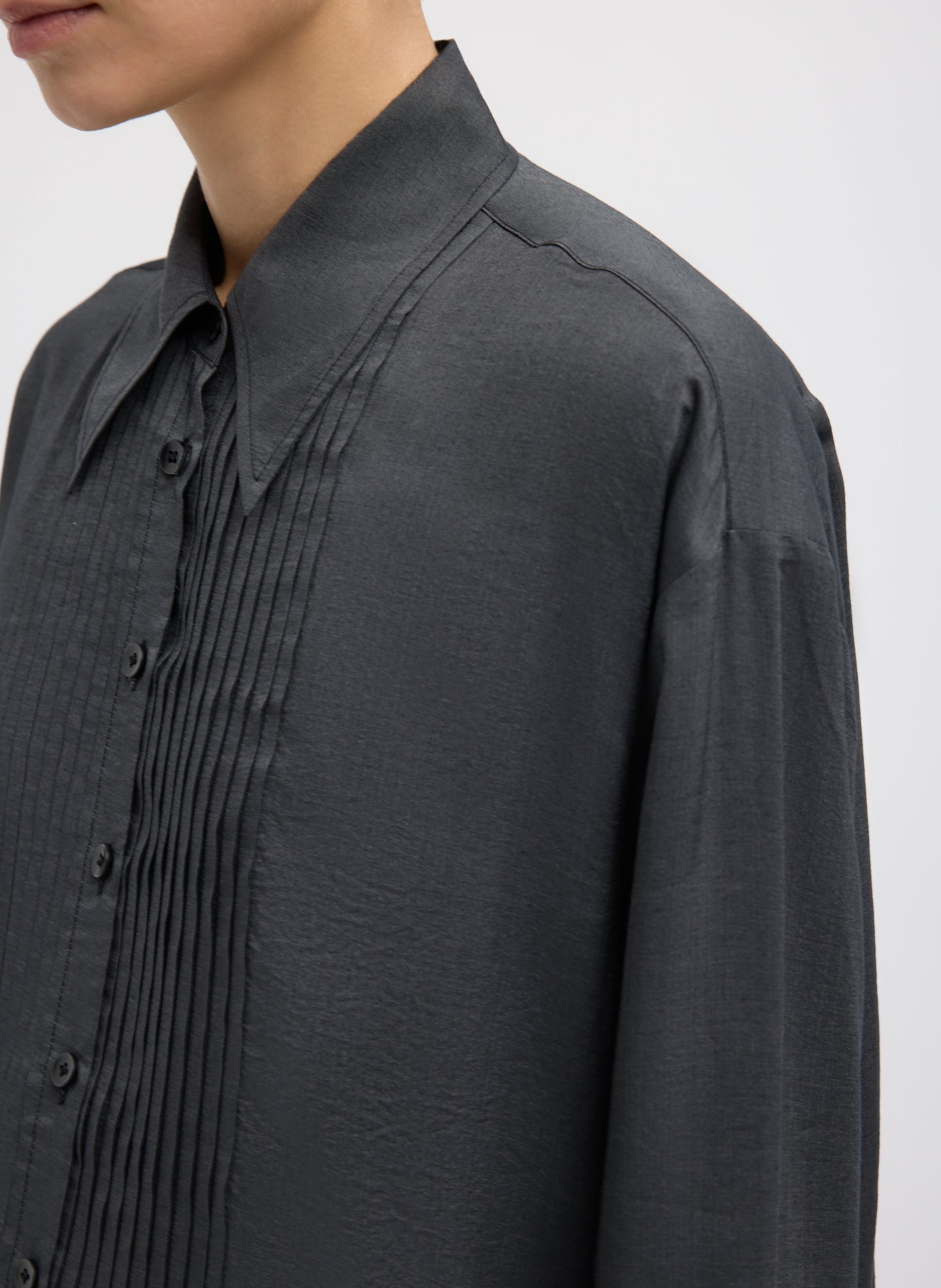 Graphite Silk Voile Easy Pintucked Shirt - closeup of silk voile fabric