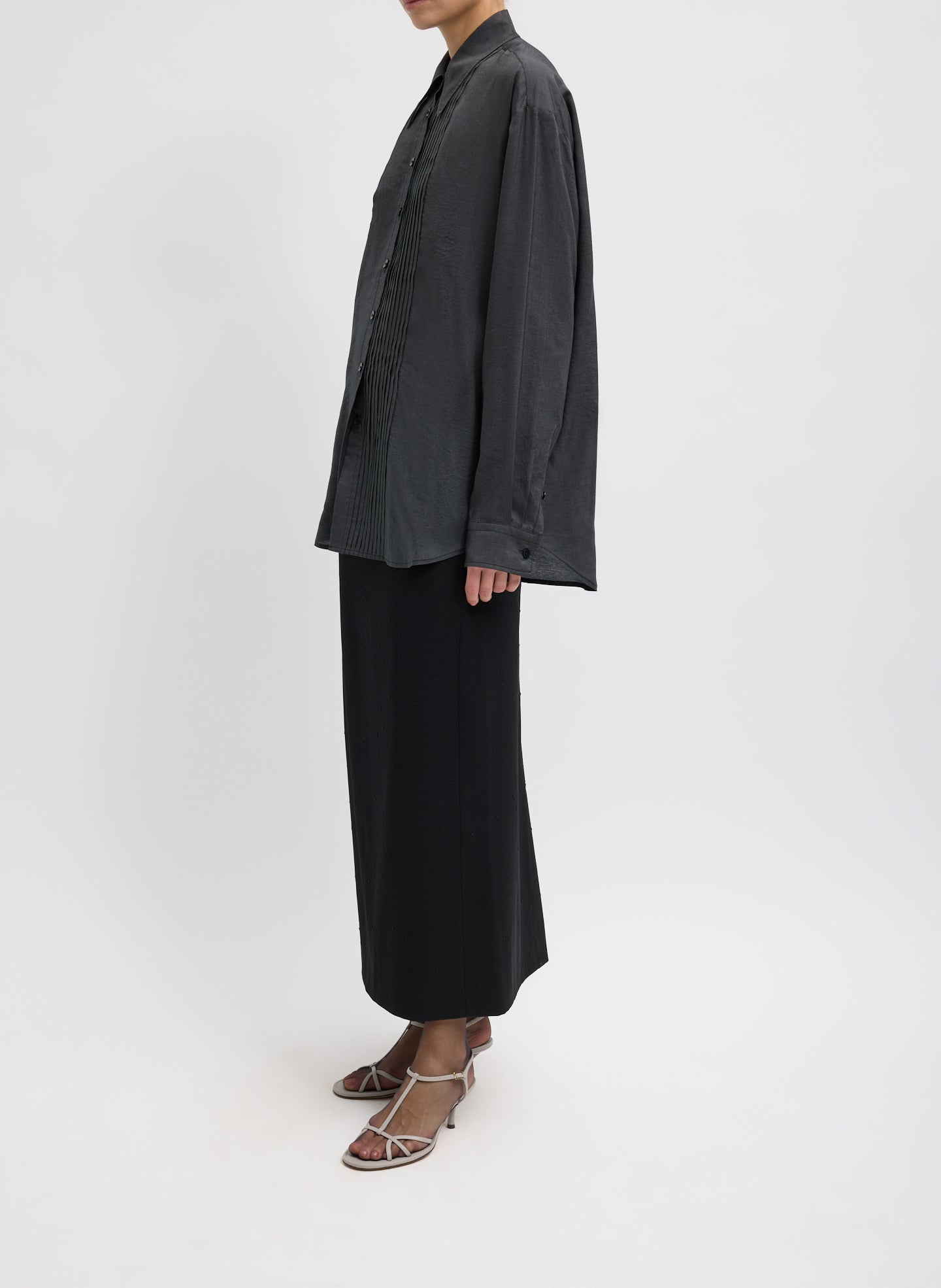 Graphite Silk Voile Easy Pintucked Shirt - full look, side view on model