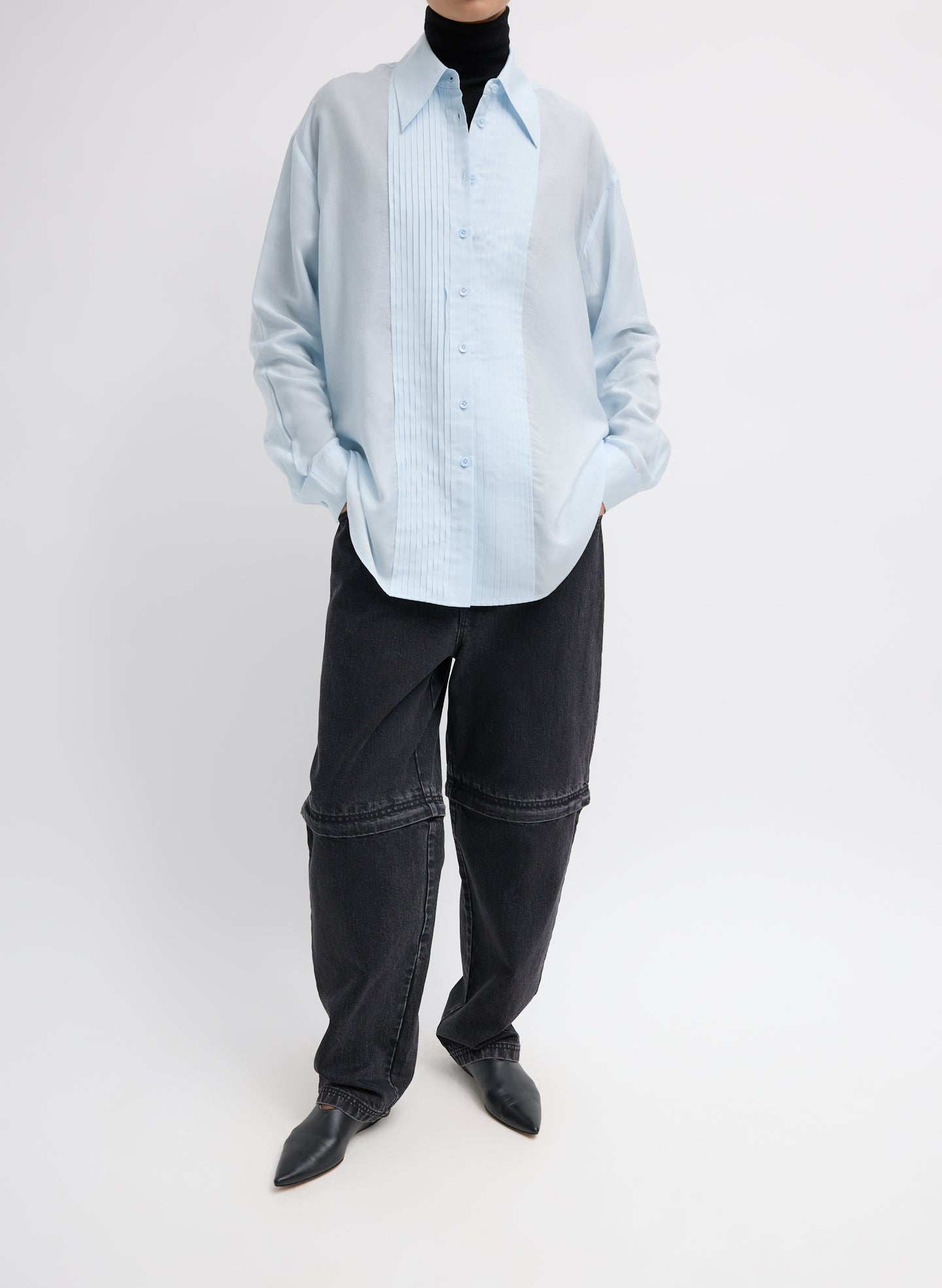 Pale Blue Silk Voile Easy Pintucked Shirt - full look, front view on model