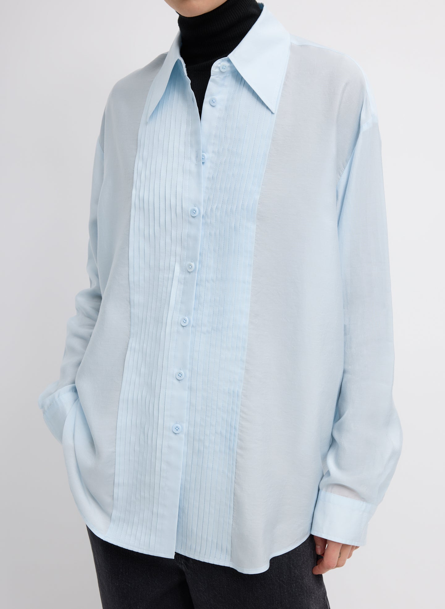Silk Voile Easy Pintucked Shirt - Pale Blue Silk Voile Easy Pintucked Shirt - button down, front view on model