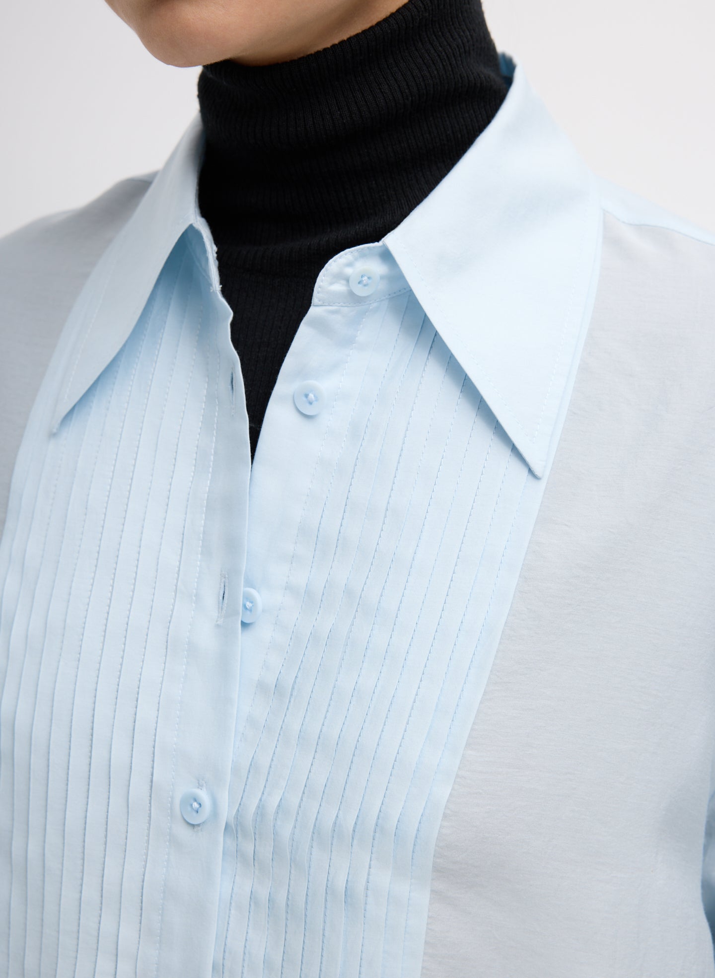 Pale Blue Silk Voile Easy Pintucked Shirt - closeup of buttons and pintuck front detail