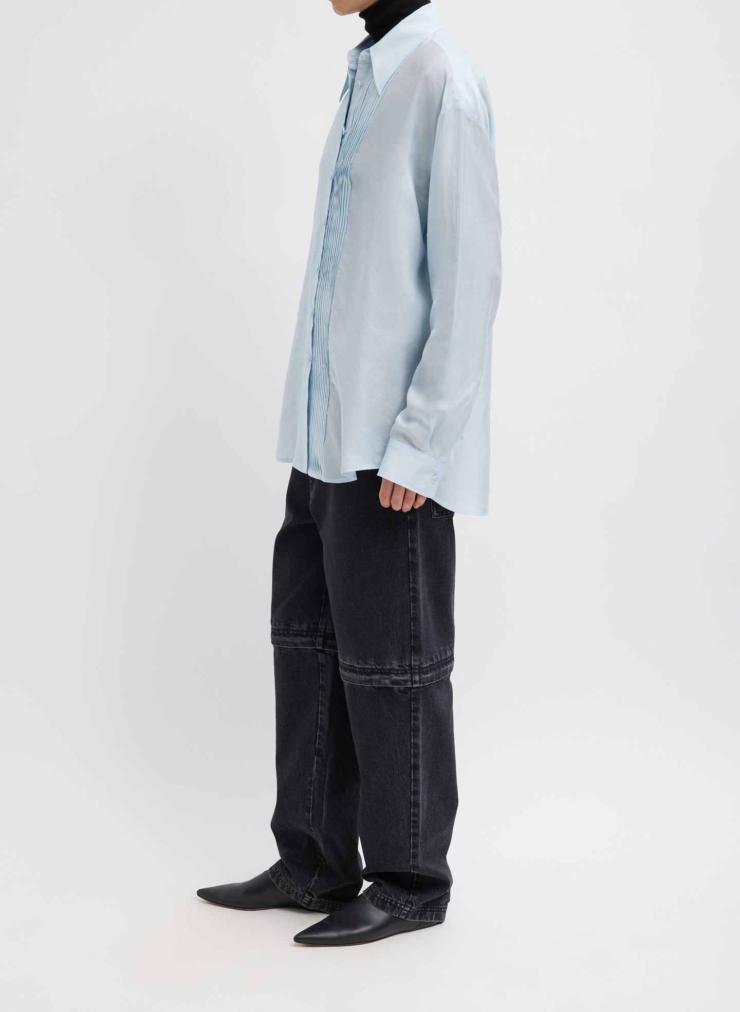 Pale Blue Silk Voile Easy Pintucked Shirt - full look, side view on model